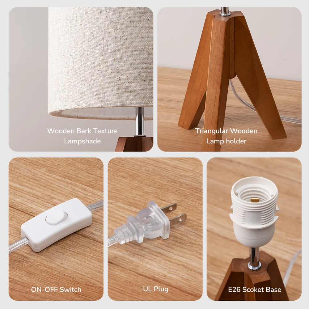 Collage of wooden lamp components including lampshade, holder, switch, plug, and socket base.