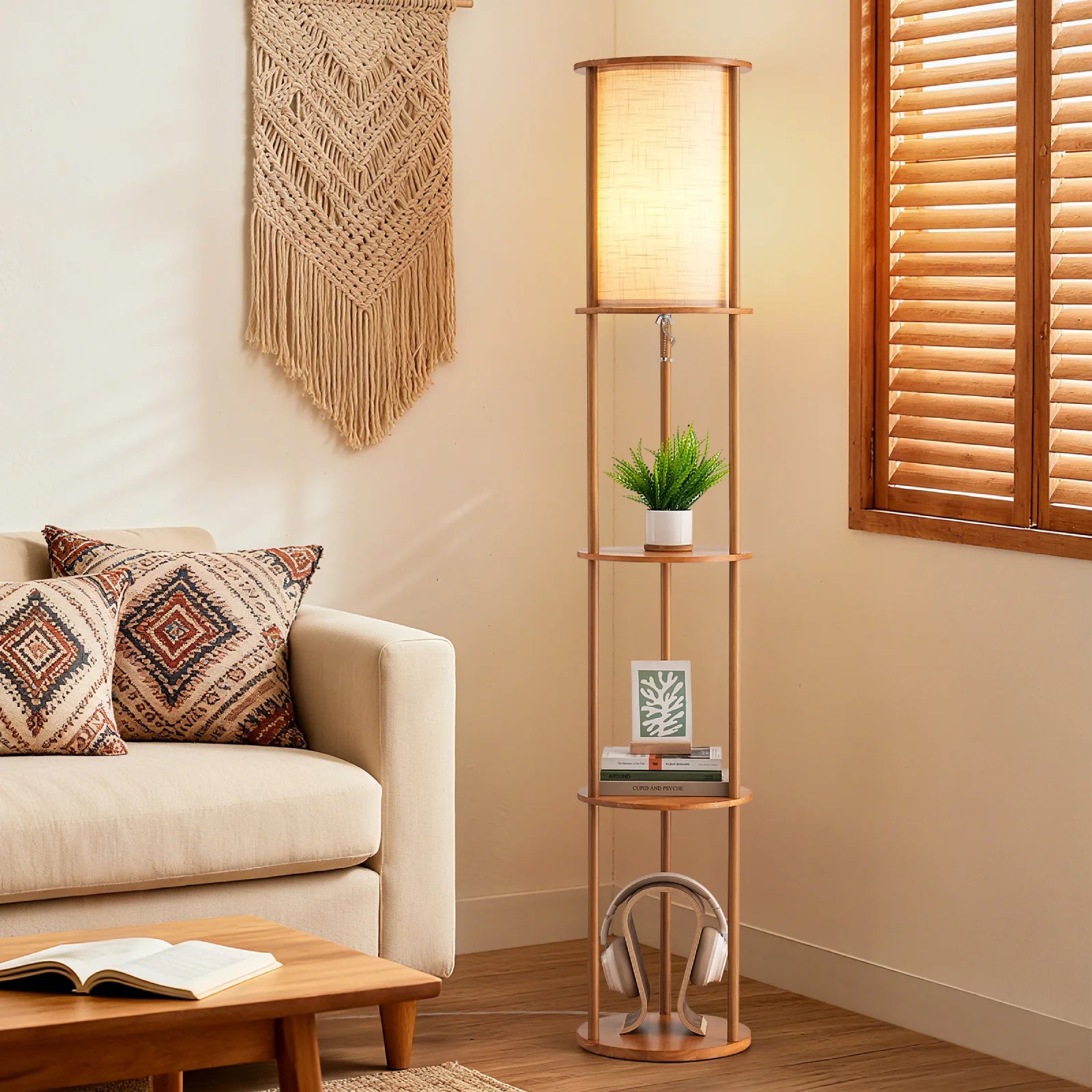 Column Floor Lamp With Solid Wood Shelves (63.8")