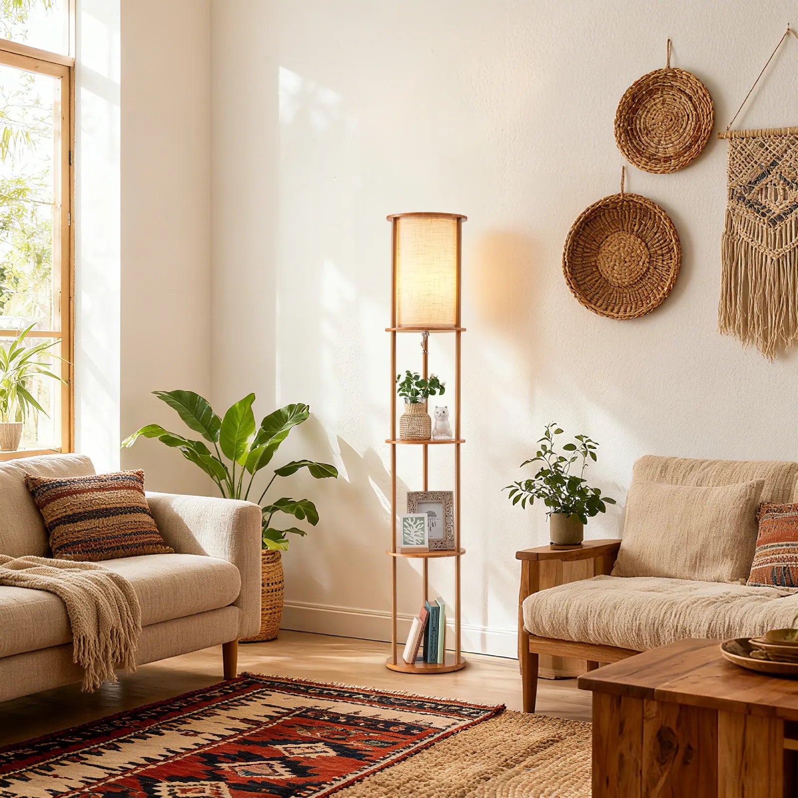 Column Floor Lamp With Solid Wood Shelves (63.8")