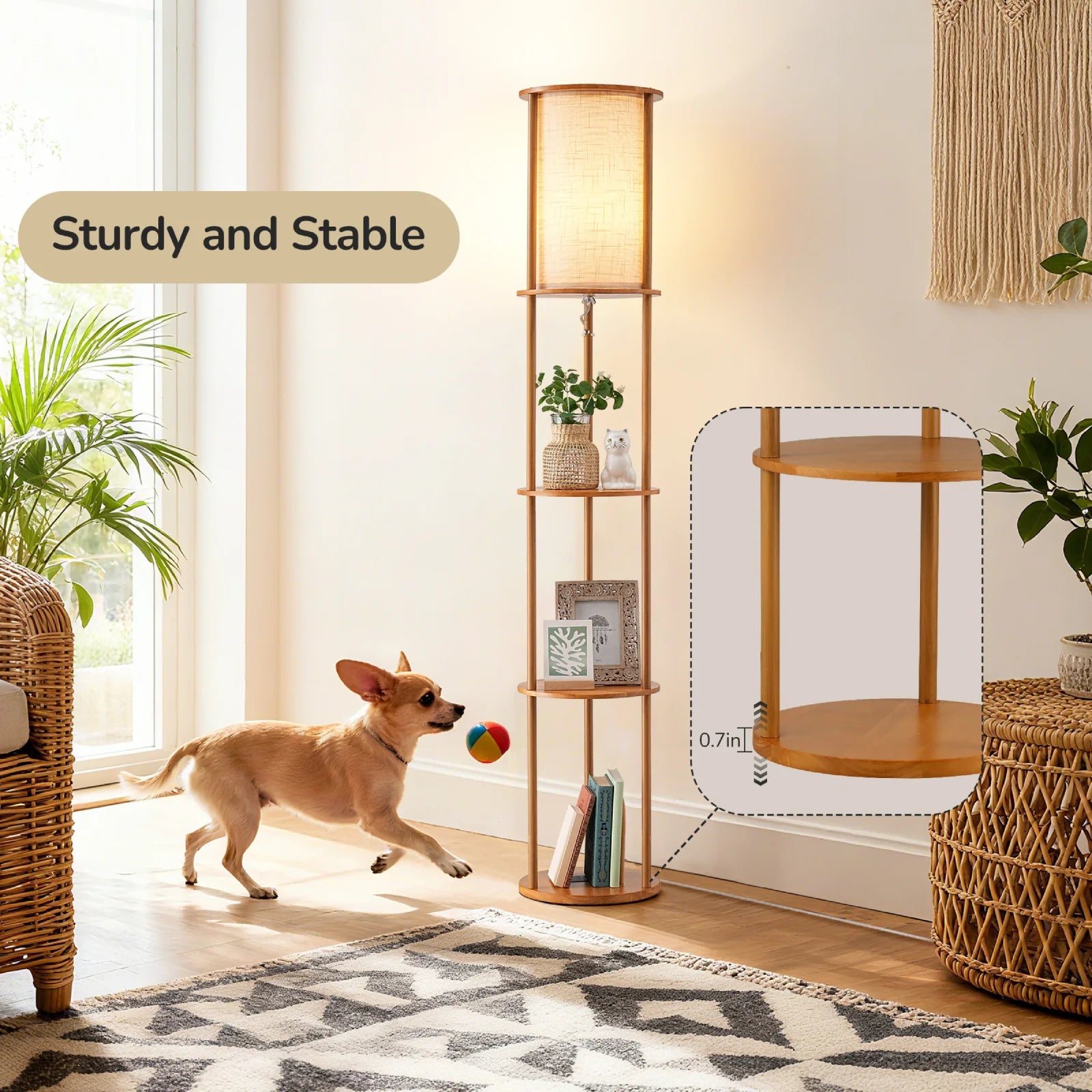 Column Floor Lamp With Solid Wood Shelves (63.8")