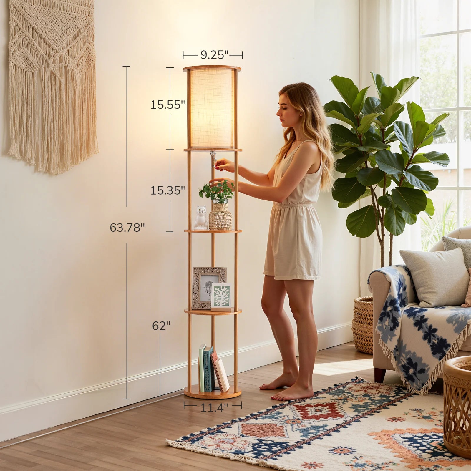 Column Floor Lamp With Solid Wood Shelves (63.8")