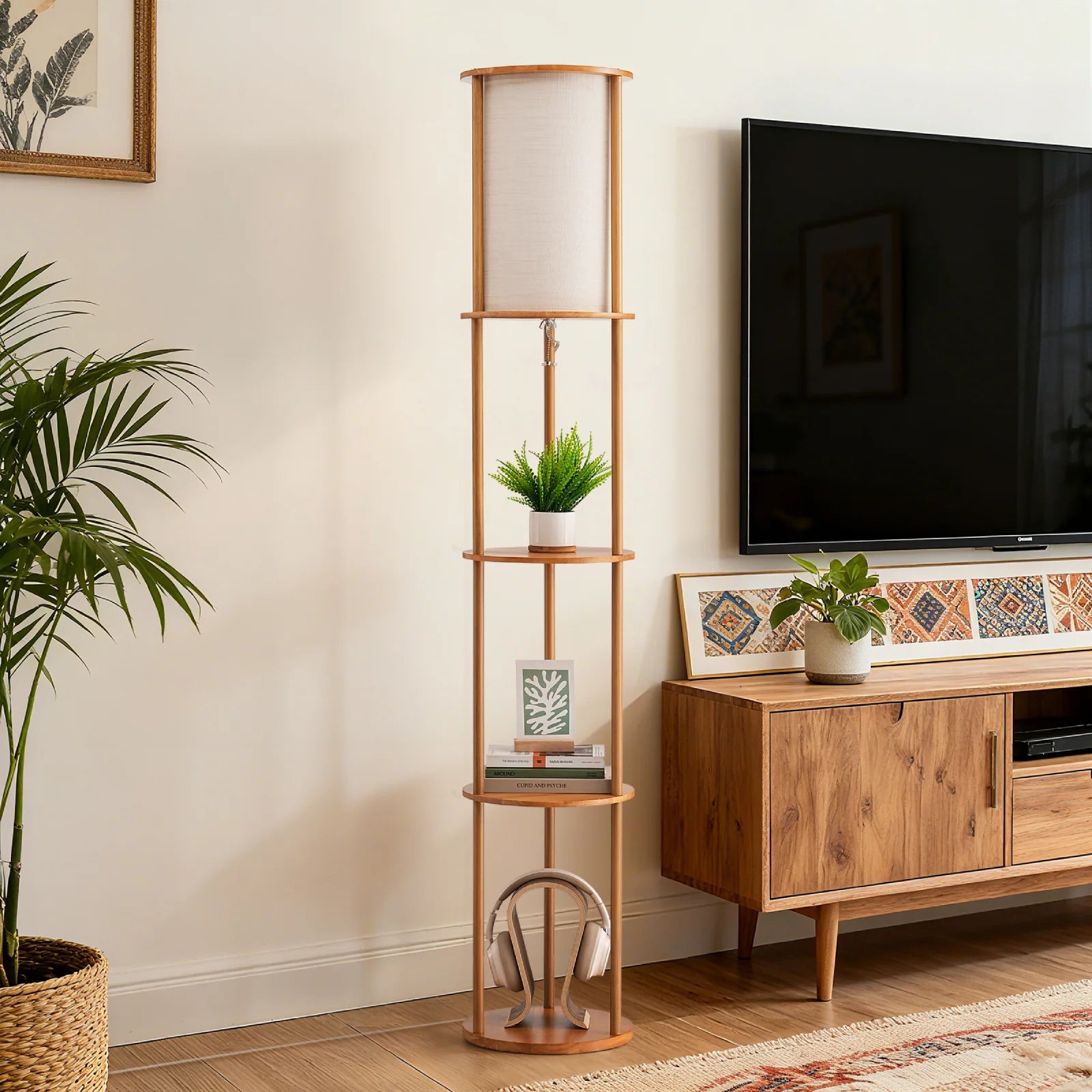 Column Floor Lamp With Solid Wood Shelves (63.8")