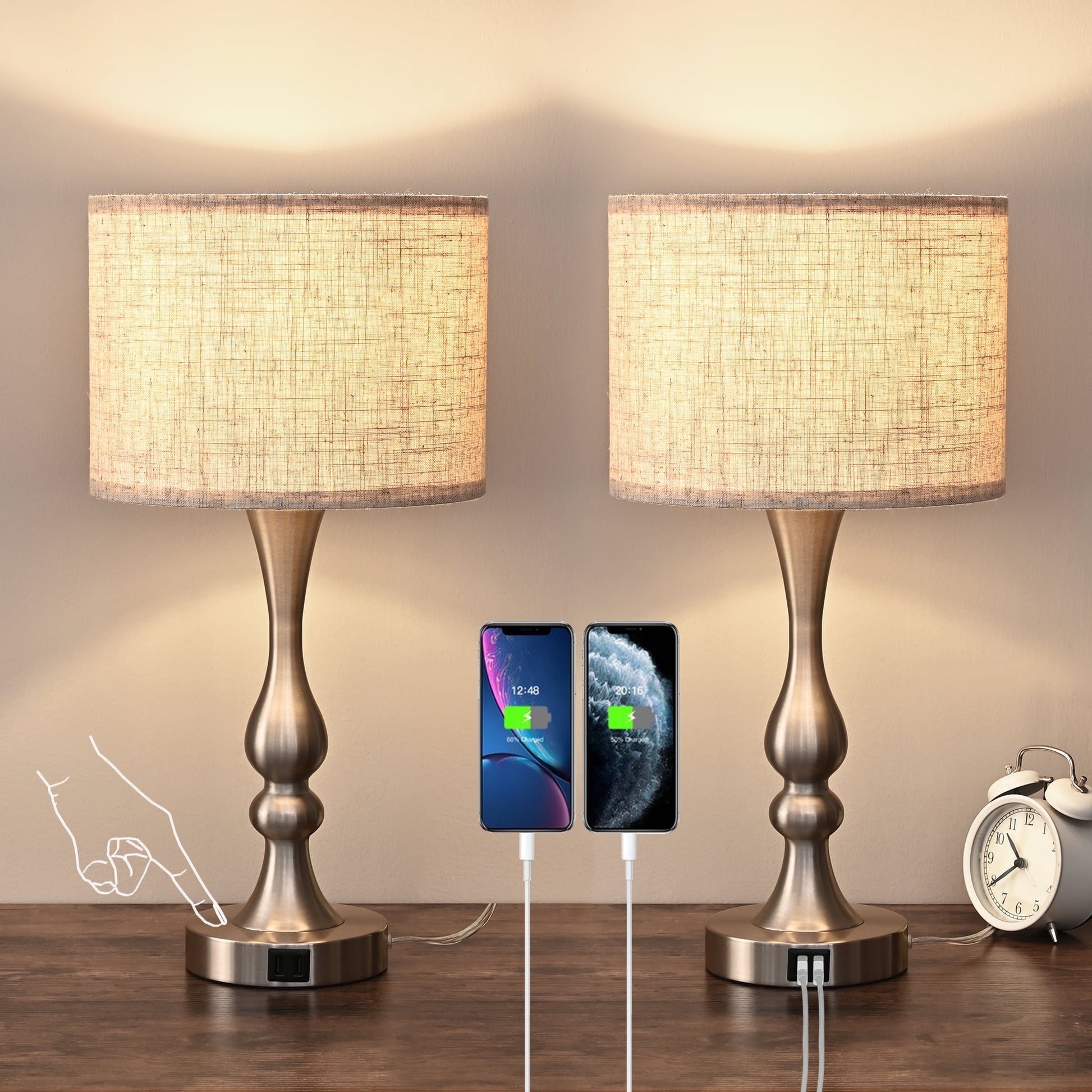 EDISHINE Touch Control Table Lamps Set of 2 , 3 Way Dimmable with 2 USB Ports for Living Room, Bedroom Bedside Lamps, Light Bulb Included