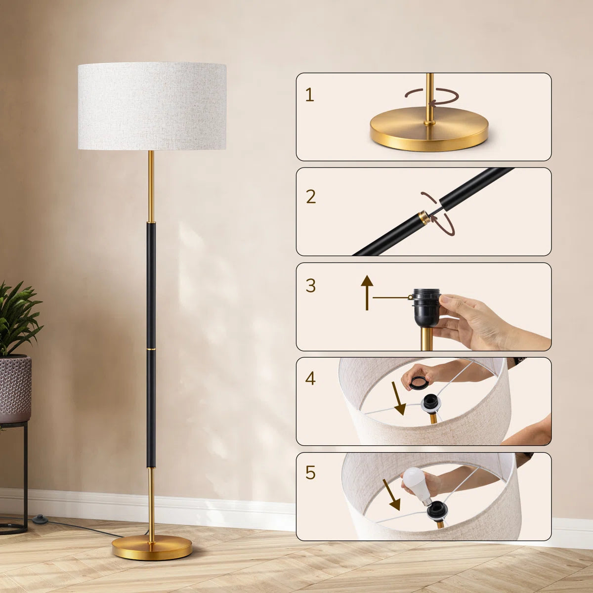 EDISHINE Dimmable Traditional Floor Lamp with Linen Shade and Remote Control - LED Bulb Included - HFLFB1A