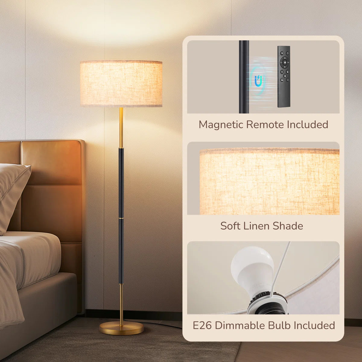 EDISHINE Dimmable Traditional Floor Lamp with Linen Shade and Remote Control - LED Bulb Included - HFLFB1A