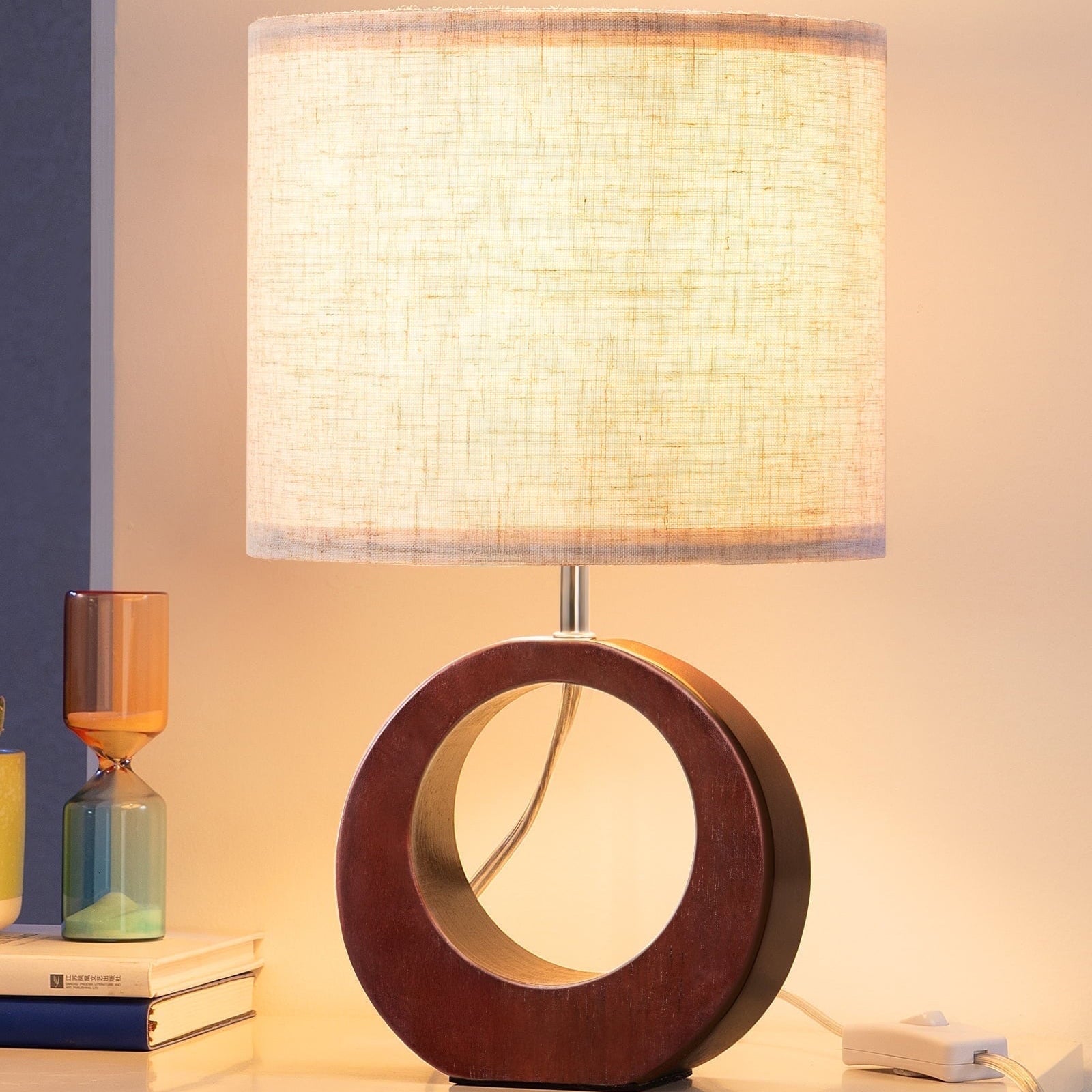 EDISHINE 13.4" Wood Table Lamp, Small Bedside Lamp with Beige Linen Lampshade & ON-Off Switch, E26 Base, Modern Nightstand Lamp for Living Room, Bedroom, Dark Walnut