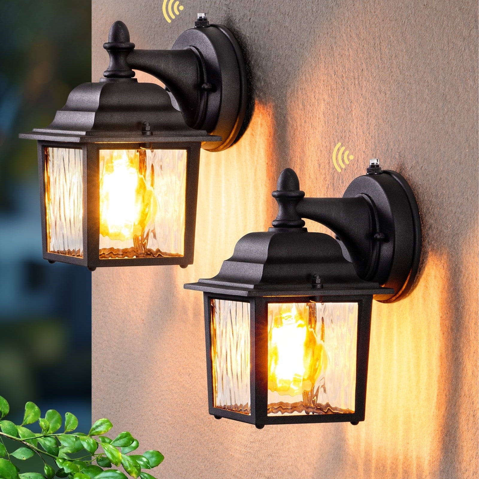 2 Pack Outdoor Porch Light, Dusk to Dawn Exterior Lighting Fixtures, Modern Outdoor Wall Lights Fixture, Clear Water Ripple Glass, Anti-Rust Waterproof for Front Door Garage Patio, Black