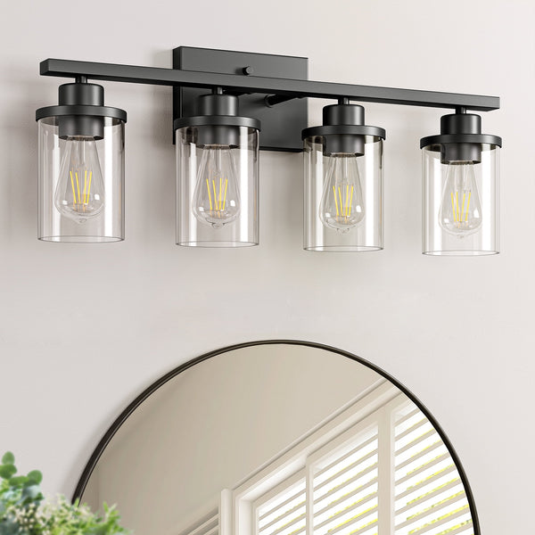 EDISHINE 4-Light Modern Black Bathroom Light Fixtures with Glass Shades