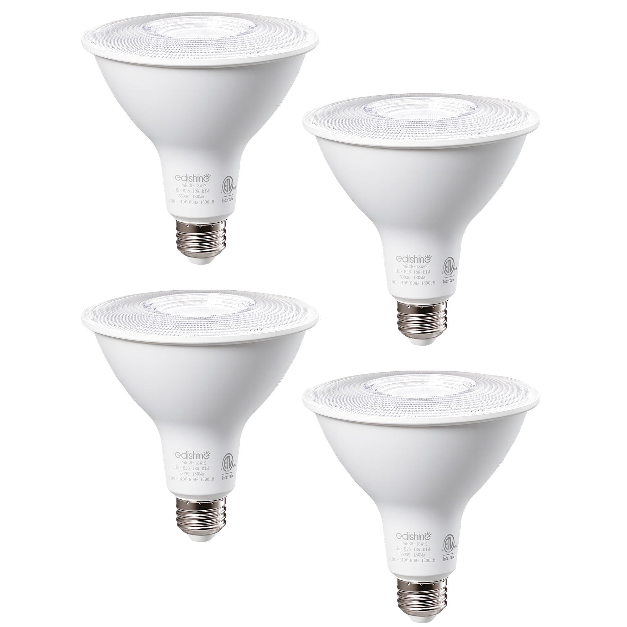EDISHINE 4 Pack LED PAR38 Outdoor Flood Light Bulbs, 18W (120W Equivalent), 5000K Daylight, Dimmable Waterproof Flood Light Bulbs, E26 Base, 1800 Lumen for Yard Porch Driveway, ETL Listed
