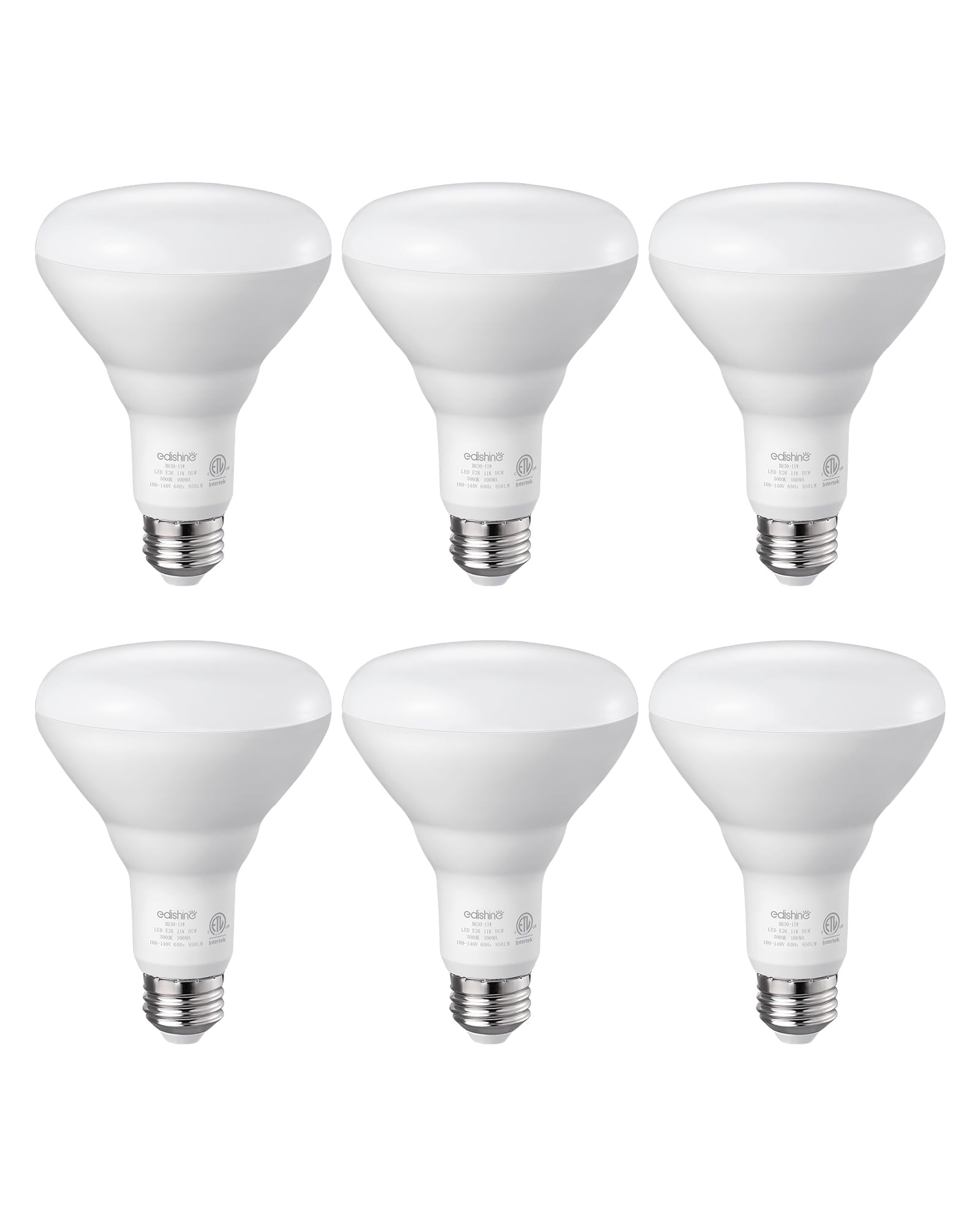 EDISHINE 6 Pack BR30 LED Light Bulbs, 65W Equivalent, 11W, 850LM, 5000K Daylight, Dimmable, Recessed Can Light Bulbs for Ceiling, Recessed Can, Living Room and Kitchen, E26 Base