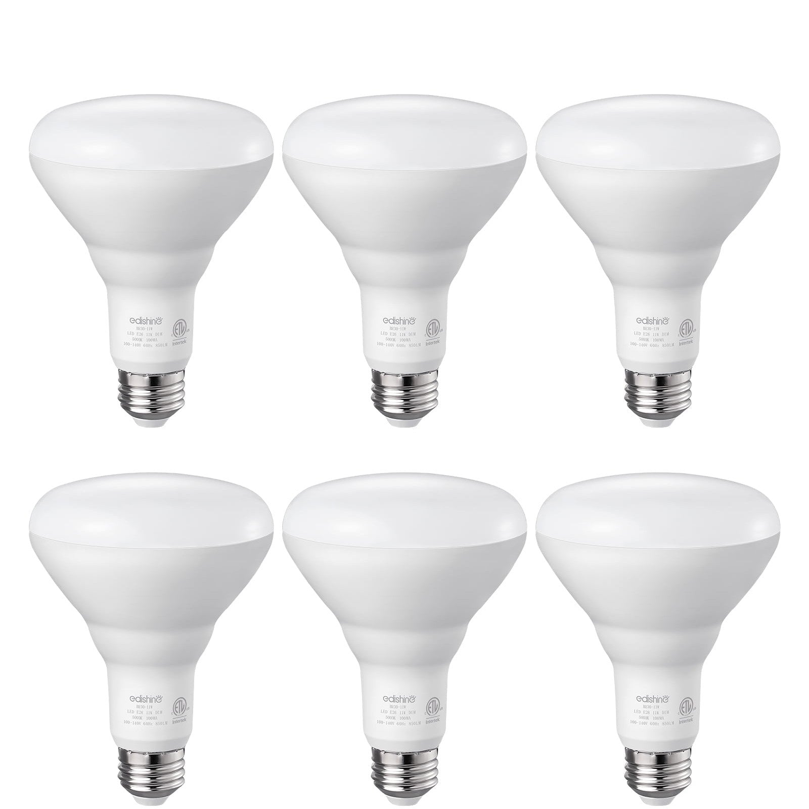 EDISHINE 6 Pack BR30 LED Light Bulbs, 65W Equivalent, 11W, 850LM, 5000K Daylight, Dimmable, Recessed Can Light Bulbs for Ceiling, Recessed Can, Living Room and Kitchen, E26 Base