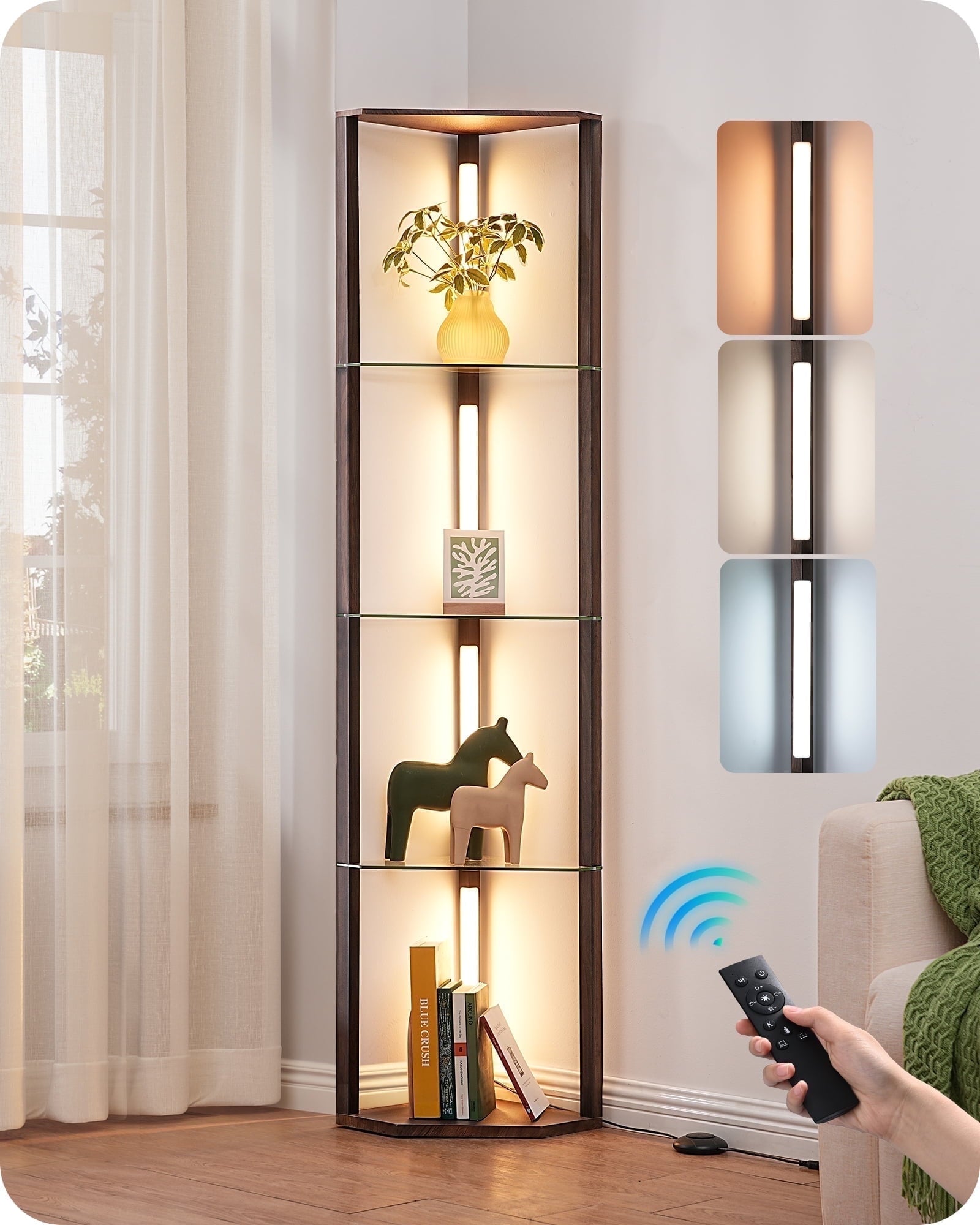 EDISHINE 63.7-Inch 4-Tier Modern Floor Lamps with Glass Shelves, Dimmable Standing Lamp with Remote/Foot Remote, Display Shelf Floor Lamp for Living Room, Bedroom，Open Display Cabinet