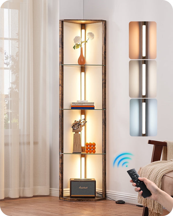 EDISHINE 63.7 Inch Corner Shelf with Light , 4-tier modern glass shelf with Remote/Foot Control, 3CCT & Dimmable Corner Lamp, Display Shelf Floor Lamp for Living Room, Bedroom,Open Display Cabinet