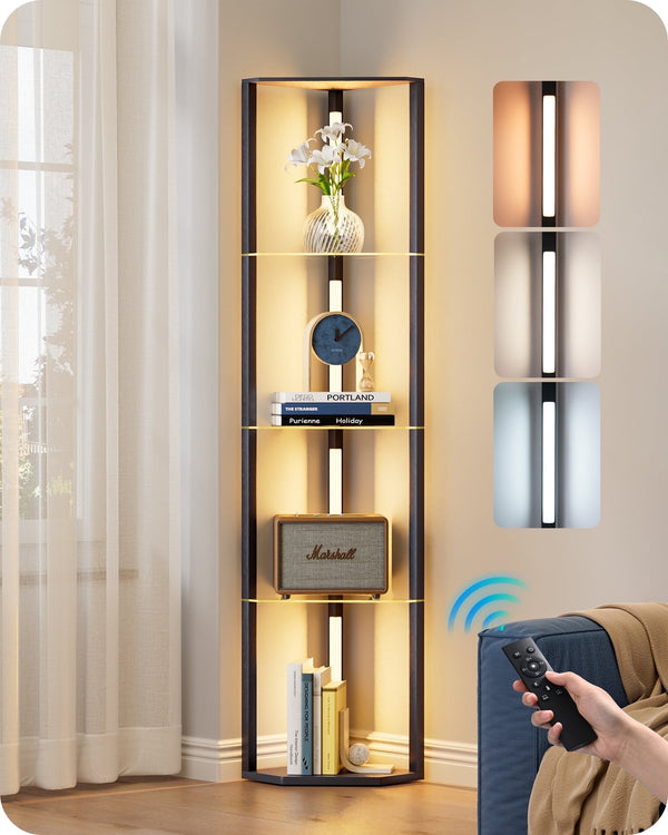 EDISHINE 63.7-Inch 4-Tier Modern LED Corner Floor Lamps with Glass Shelves, Dimmable Standing Lamp with Remote, Display Shelf Floor Lamp for Living Room, Bedroom
