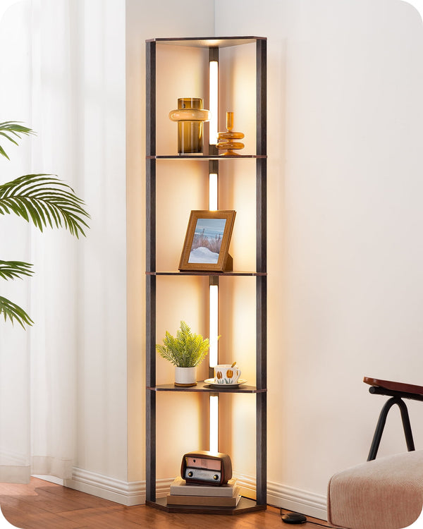 EDISHINE 64in Shelf Floor Lamps for Bedroom Office Living Room, Modern LED Corner Light with Shelves, 3CCT, Stepless Dimmable, Tall Floor Light for Bedroom, Office, Dining Room, Black Walnut
