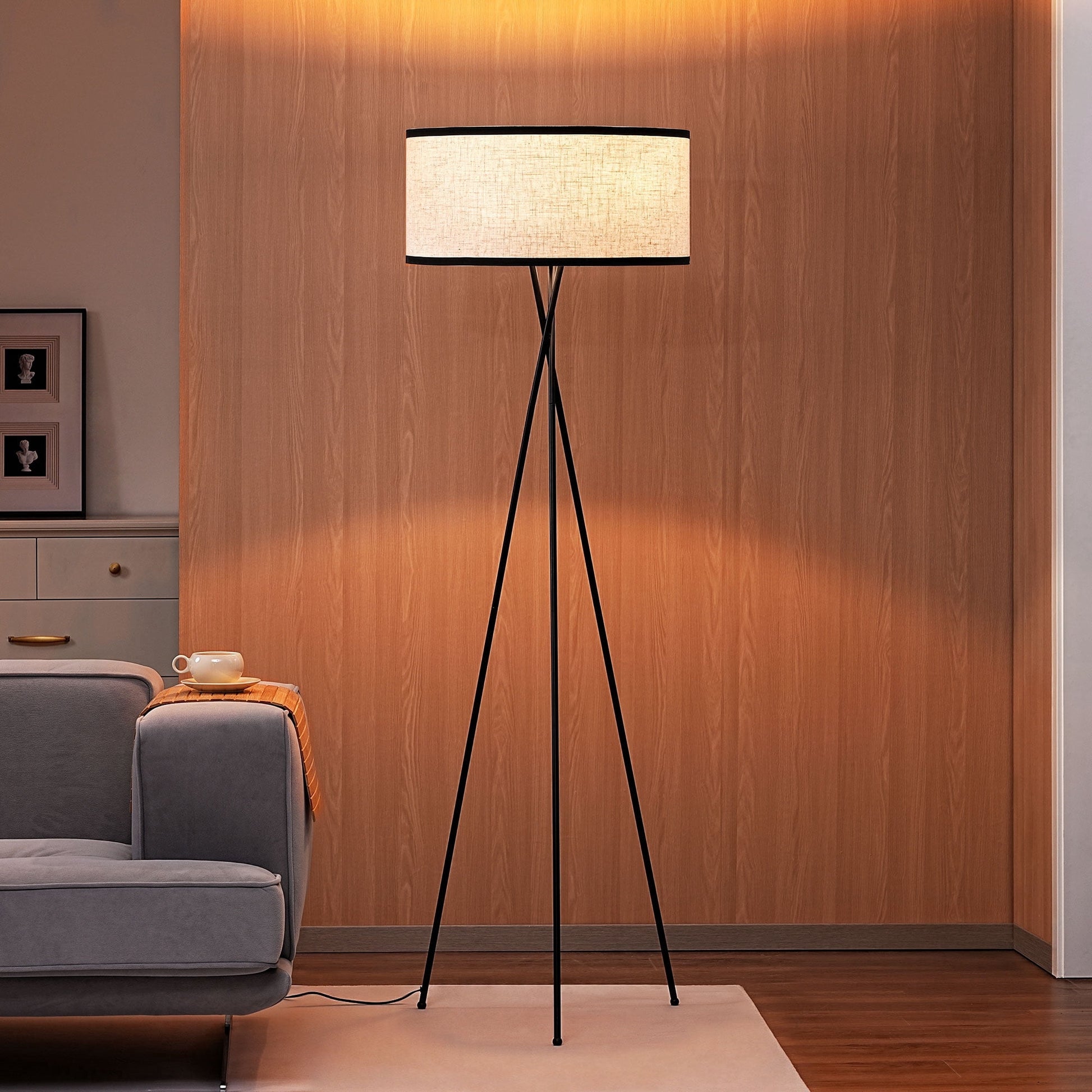 EDISHINE 66.9in Tripod Floor Lamps with Remote, Includes RGB Light Bulb, LED Modern Dimmable Mid-Century Standing Lamp, APP Control, Flaxen Linen Shade,for Living Room, Bedroom, Office, Black