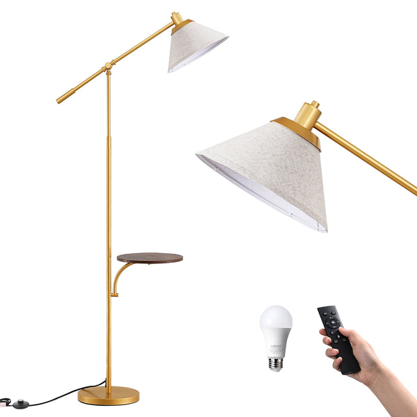 EDISHINE 68" Gold Floor Lamp with Table for Living Room, Height Adjustable, 5 Color Temperatures, Remote Contronl, Brown Wood Grain Tray, Dimmable Standing Light with Linen Shade, With LED Bulb