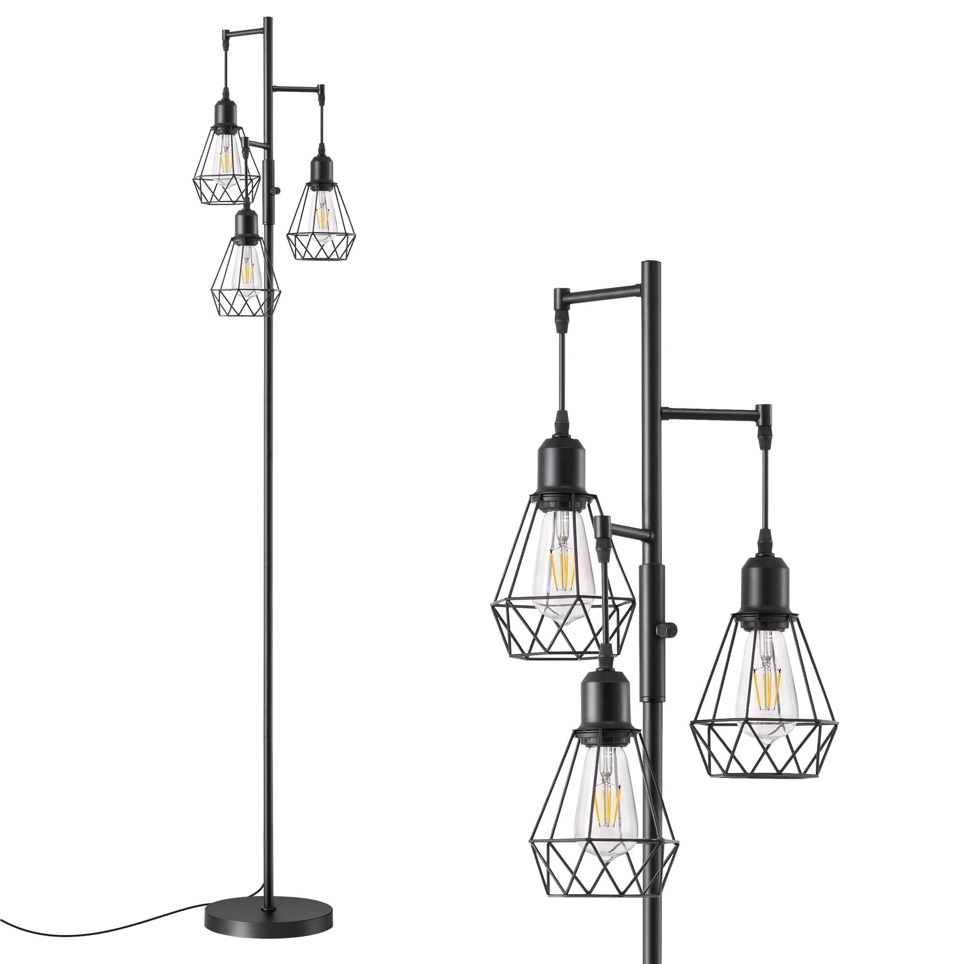 EDISHINE 70IN Farmhouse Industrial Floor Lamps for Living Room, Dimmable, Metal Standing Tree Lamp for Bedroom, Office, Home Decor, Lighting, 3 LED Edison Bulbs Included, Black