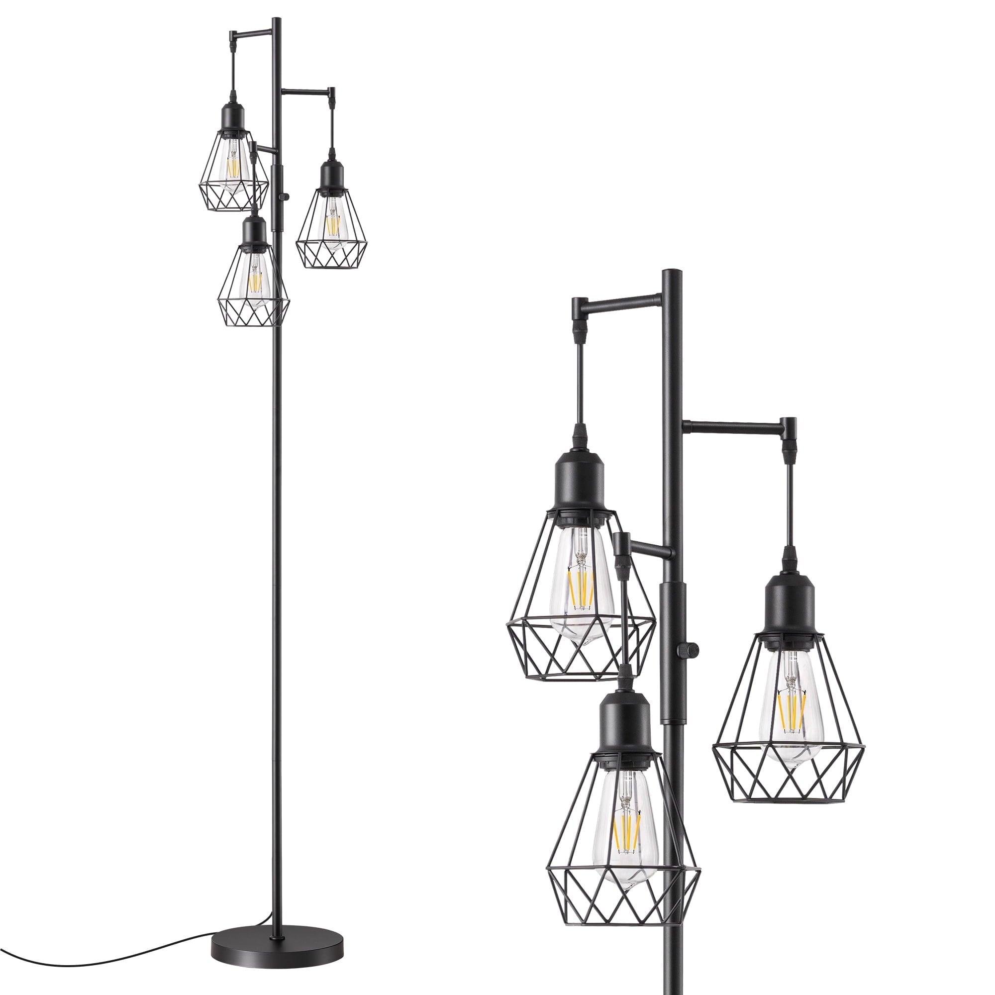 EDISHINE 70IN Farmhouse Industrial Floor Lamps for Living Room, Dimmable, Metal Standing Tree Lamp for Bedroom, Office, Home Decor, Lighting, 3 LED Edison Bulbs Included, Black