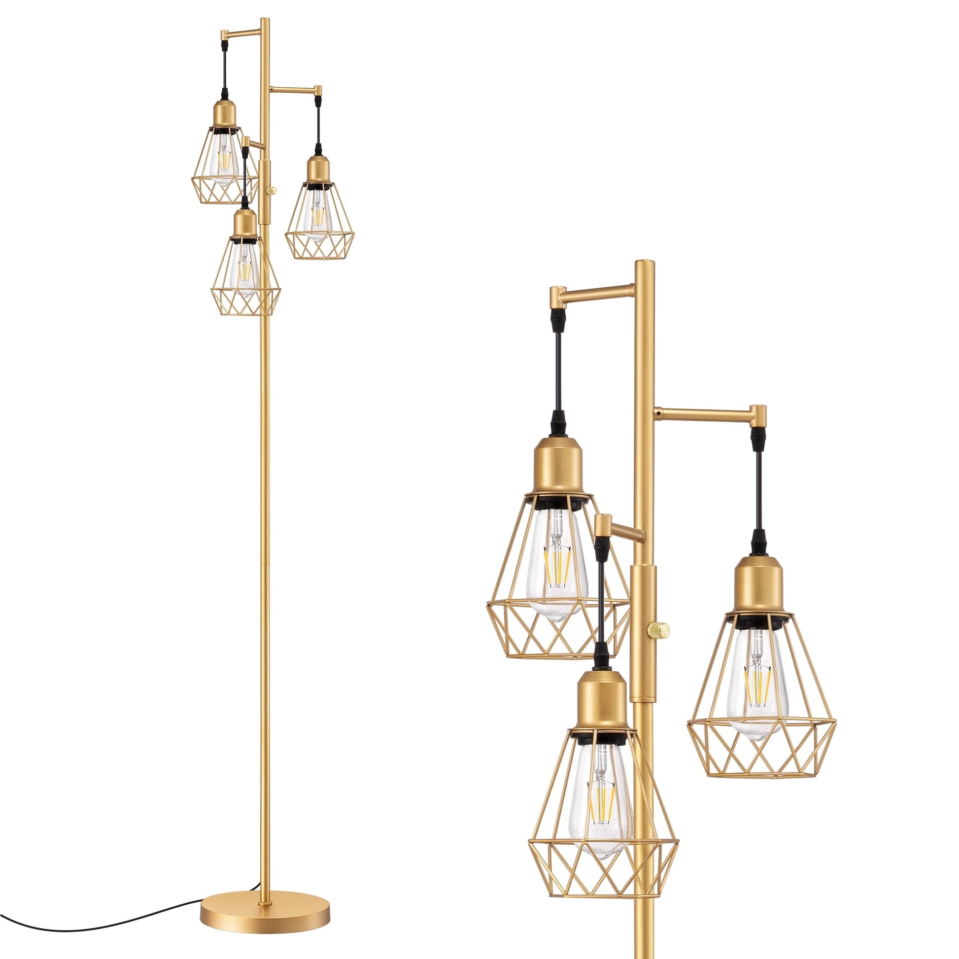 EDISHINE 70IN Farmhouse Industrial Floor Lamps for Living Room, Dimmable, Metal Standing Tree Lamp for Bedroom, Office, Home Decor, Lighting, 3 LED Edison Bulbs Included, Gold