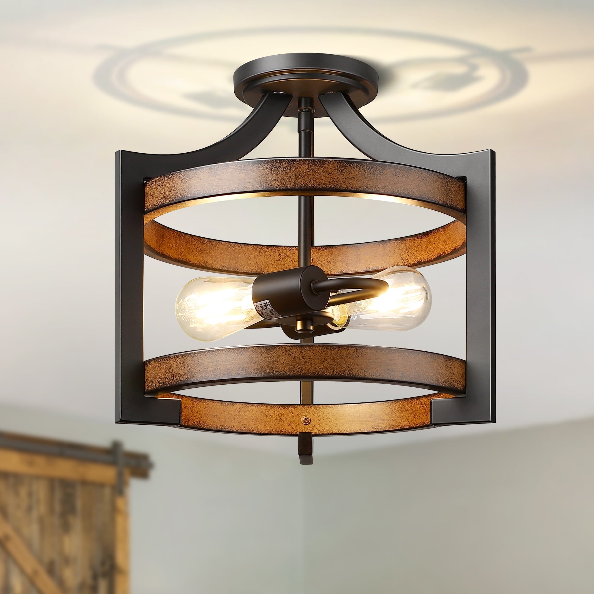 EDISHINE Ceiling Pendant Light, Farmhouse Ceiling Light Fixture, Metal Wood Grain Finish, 2-Light Pendant Light Fixtures for Hallway, Entryway, Foyer, Dining Room