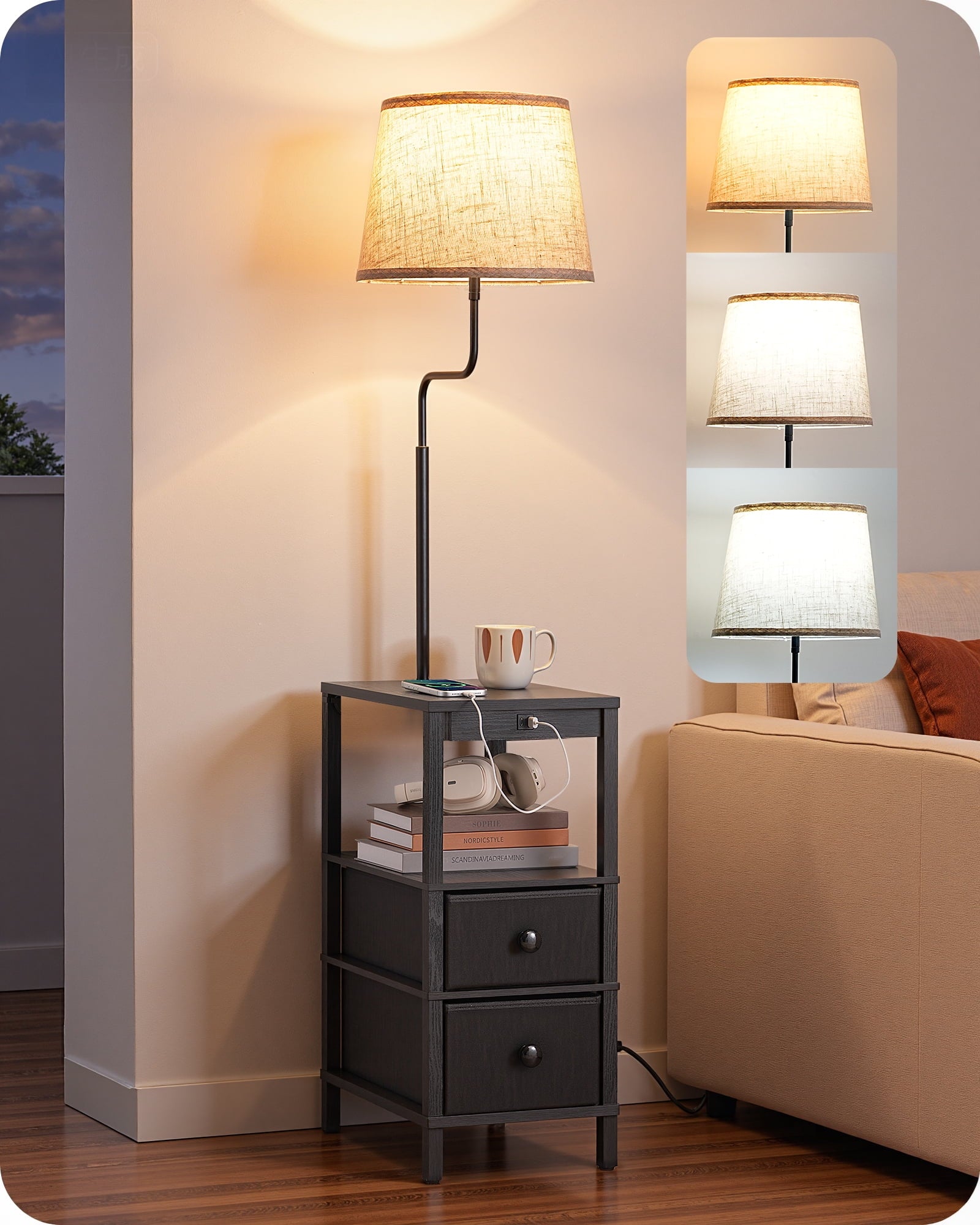 EDISHINE Floor Lamp with Table for Living Room, USB Charge, 62in Rustic Farmhouse Wooden Floor Lamps, Attached End Table with Lamp for Bedroom, Office, Read Lighting, Home Decor