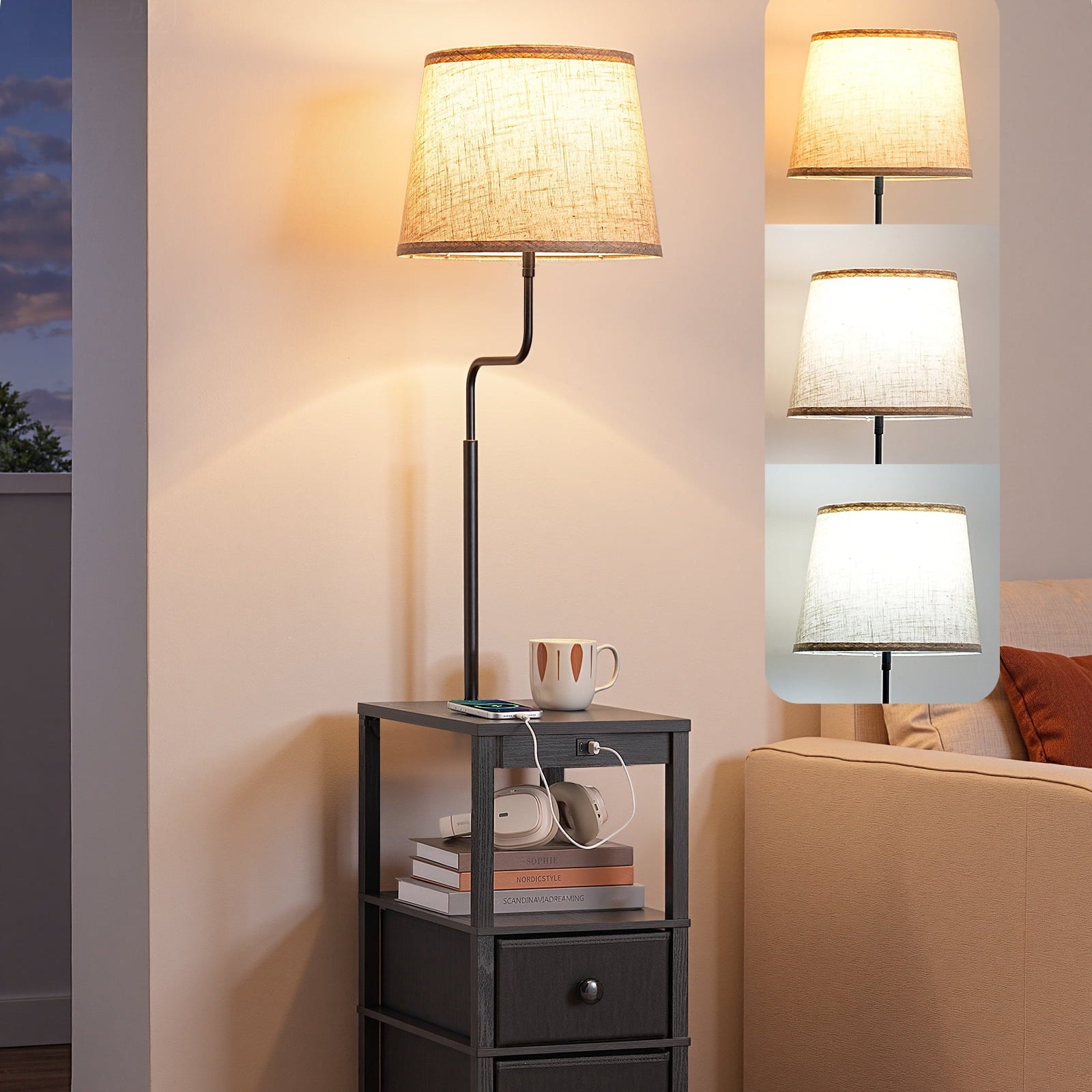 EDISHINE Floor Lamp with Table for Living Room, USB Charge, 62in Rustic Farmhouse Wooden Floor Lamps, Attached End Table with Lamp for Bedroom, Office, Read Lighting, Home Decor, Black