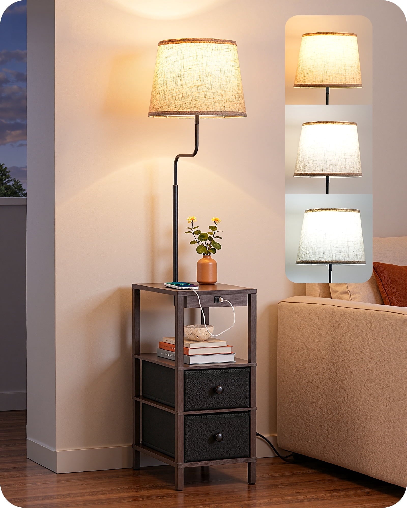 EDISHINE 62in Floor Lamps with Table for Living Room, USB-A+Type-C Port, Dimmable Bedside Floor Lamp with Shelves, Farmhouse Remote Nightstand Light for Living Room, Bedroom, Den, Office, Kids Room,
