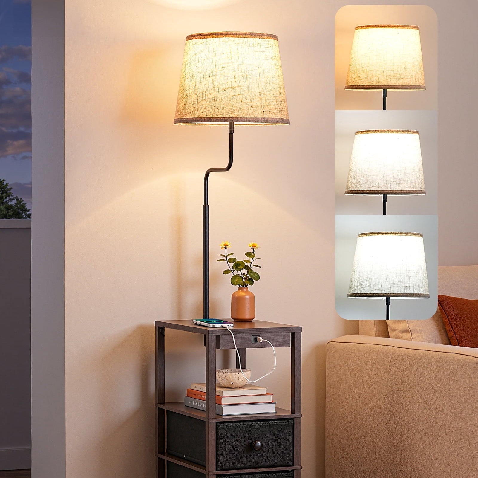 EDISHINE 62in Floor Lamps with Table for Living Room, USB-A+Type-C Port, Dimmable Bedside Floor Lamp with Shelves, Farmhouse Remote Nightstand Light for Living Room, Bedroom, Den, Office, Kids Room, Dark Walnut