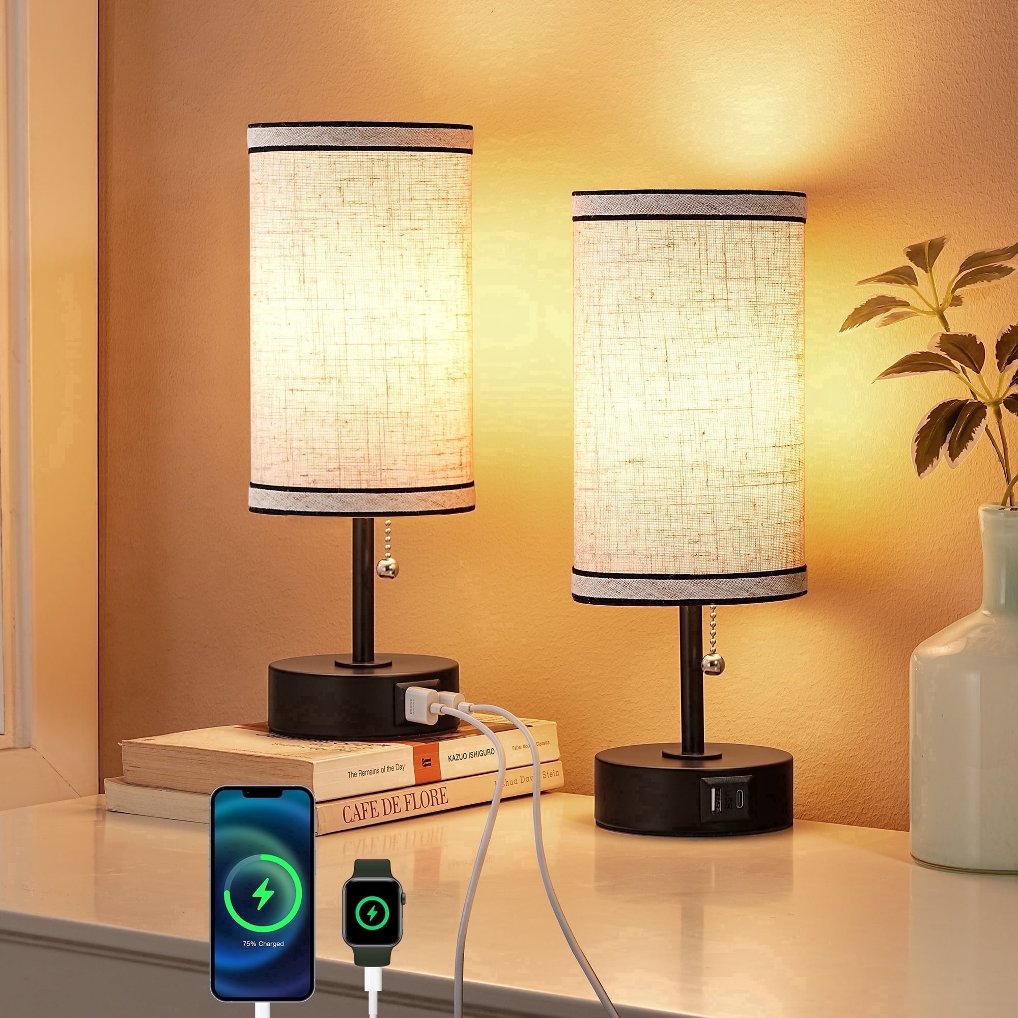 EDISHINE 2 Pack Table Lamps with USB A+C Charging Ports, Small Beside Lamps with Pull Chain Switch, for Bedroom Living Room, E26 Base, Bulbs Not Included