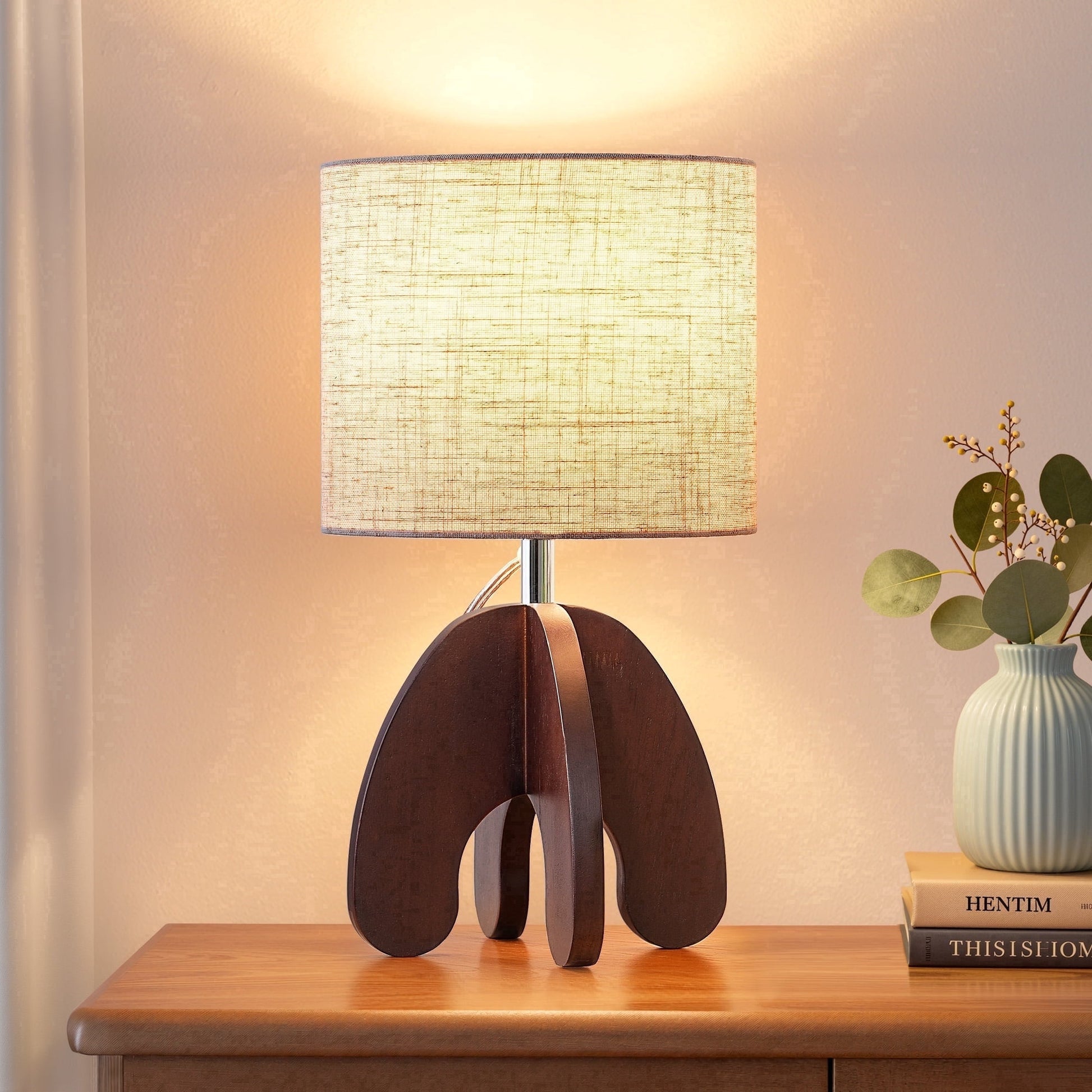 EDISHINE Modern Table Lamp with Walnut Wood Base, Soft Light Bedside Lamp for Bedroom, Living Room