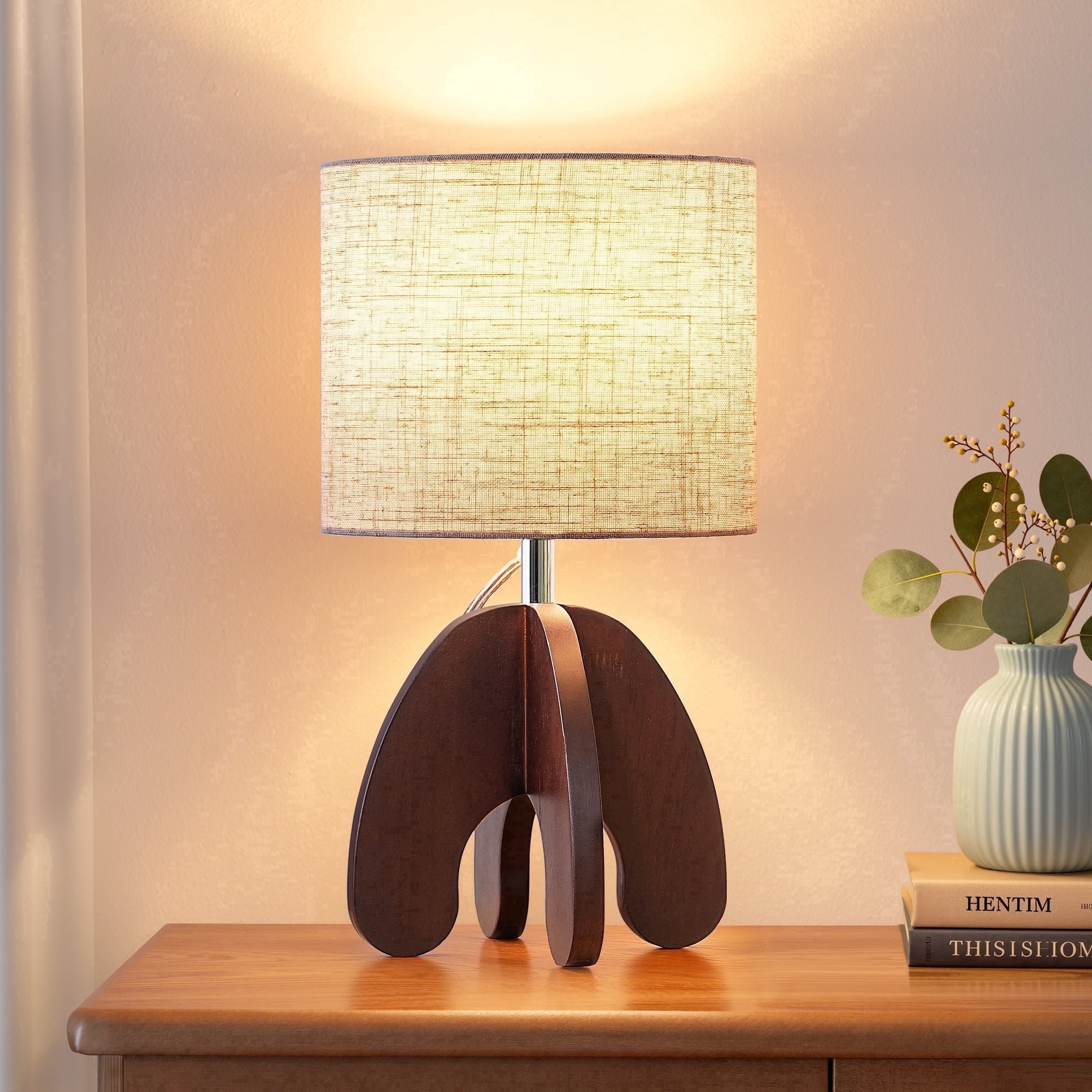 EDISHINE Modern Table Lamp with Walnut Wood Base, Soft Light Bedside Lamp for Bedroom, Living Room