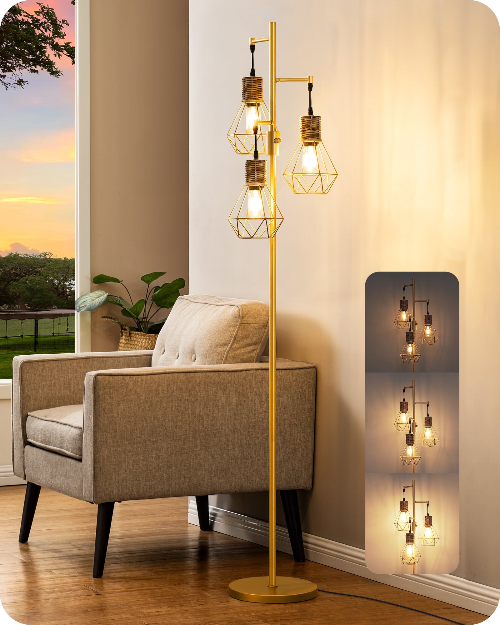 EDISHINE Industrial Floor Lamps for Living Room Clearance, Dimmable, Metal Standing Tree Lamp for Bedroom, Office, Home Decor, LED Bulb Included, Gold