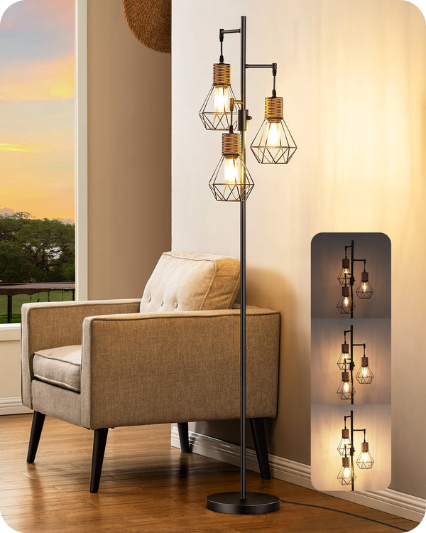 EDISHINE Industrial Rattan Floor Lamps for Living Room Clearance, Dimmable, Metal Three Head Floor Lamp for Bedroom, Office, Black, LED Bulbs Included