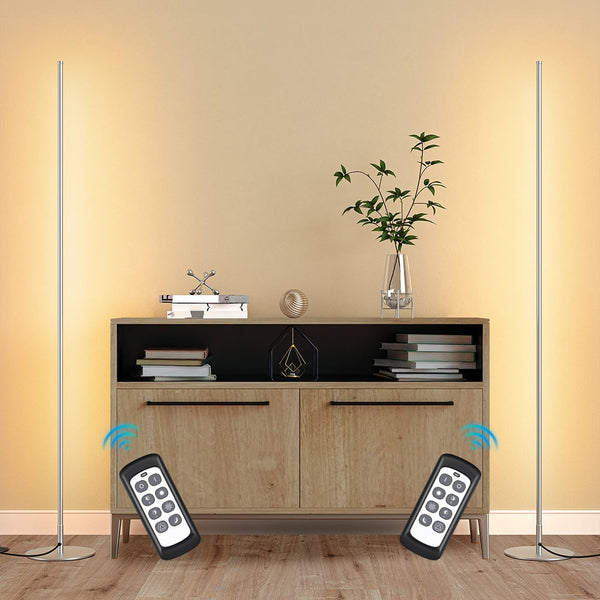 EDISHINE Modern LED Corner Floor Lamp Set of 2 with 2 Remote for Living Room, Dimmable, 7CCT, 57.5-inch Minimalist Standing Lamps Set for Bedroom, Office, Clearance, Metal Silver