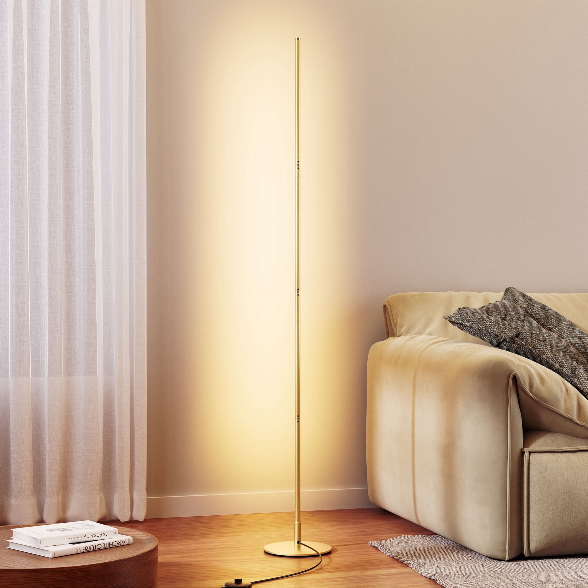 EDISHINE Modern LED Corner Floor Lamp for Living Room, 59.8in Minimalist Dimmable Lighting, Standing Tall Floor Lamp for Bedroom, Office, 3000K, Gold