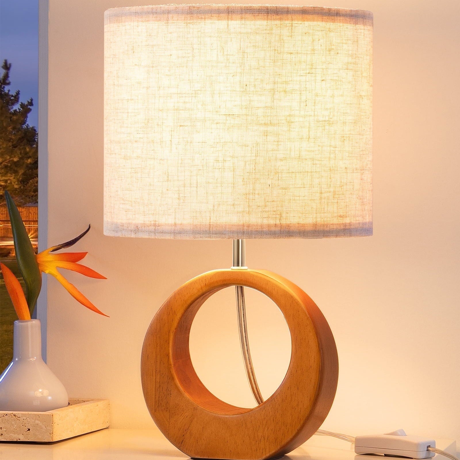 EDISHINE Small Table Lamp, Wood Nightstand Lamp with Beige Linen Lampshade & ON-Off Switch, E26 Base, Boho Bedside Lamp for Living Room, Bedroom, Dark Pearwood