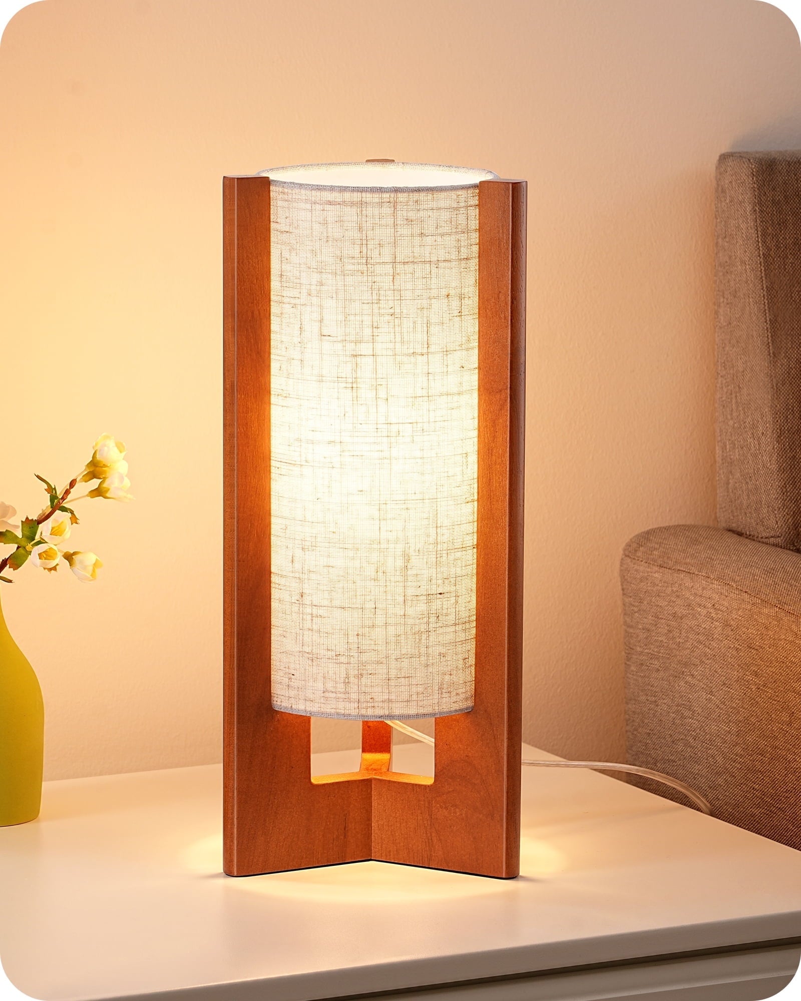EDISHINE Table Lamp Wood Body Linen Shade for Living Room Bedroom