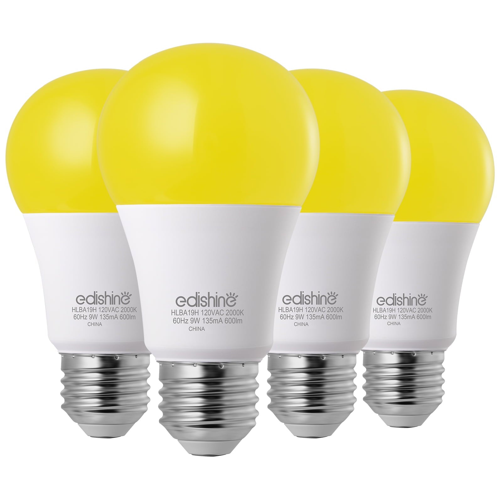 EDISHINE Yellow Amber Outdoor Light Bulbs Dusk to Dawn, Bug Light Dual Sensor A19 LED Bulbs 9W (60 Watt Equivalent) 600LM 2000K E26 Base 4-Pack
