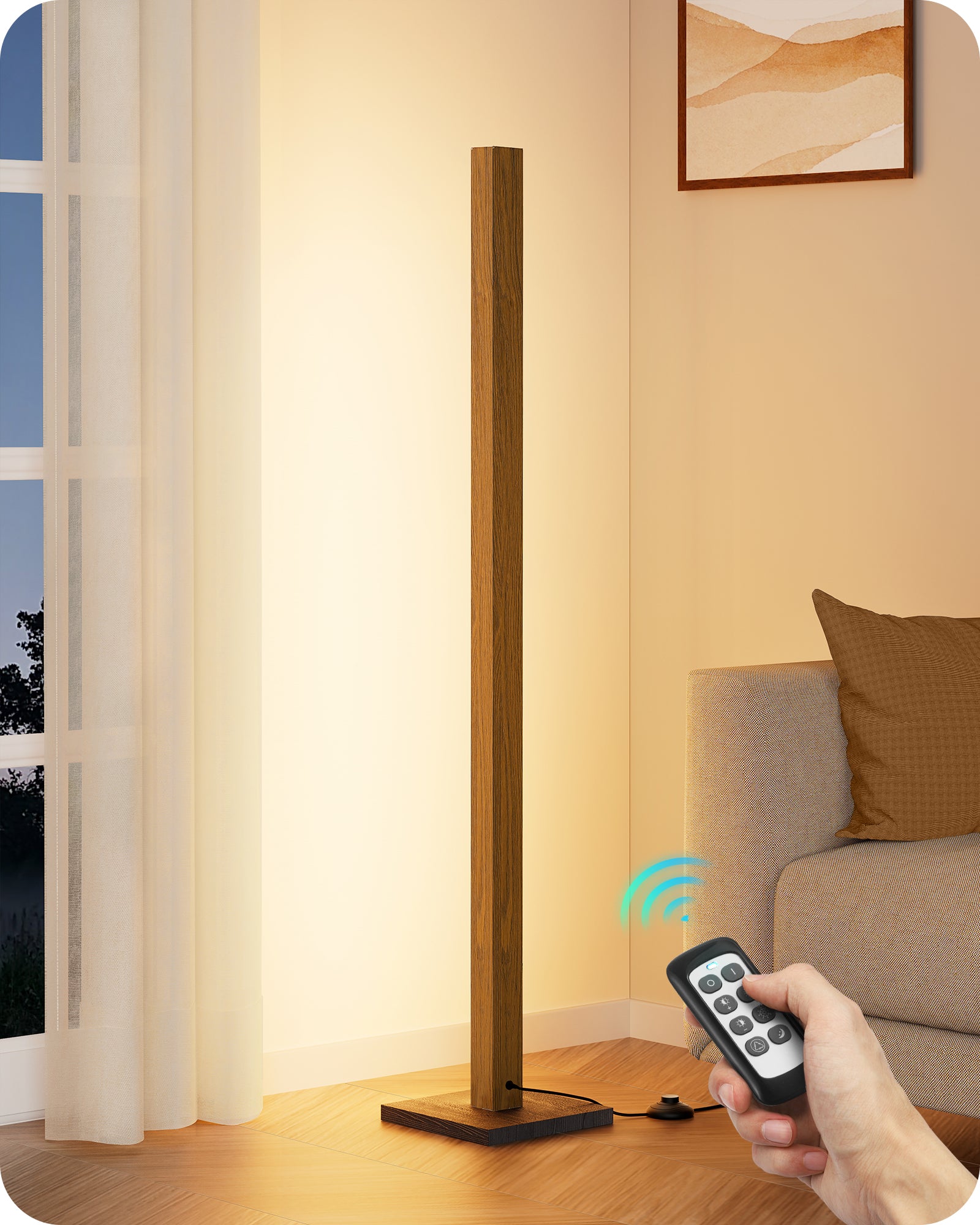 EDISHINE 46" Dimmable Wood Corner Floor Lamp, 7 Color Temperature, Light Brown-F1HBFL02V