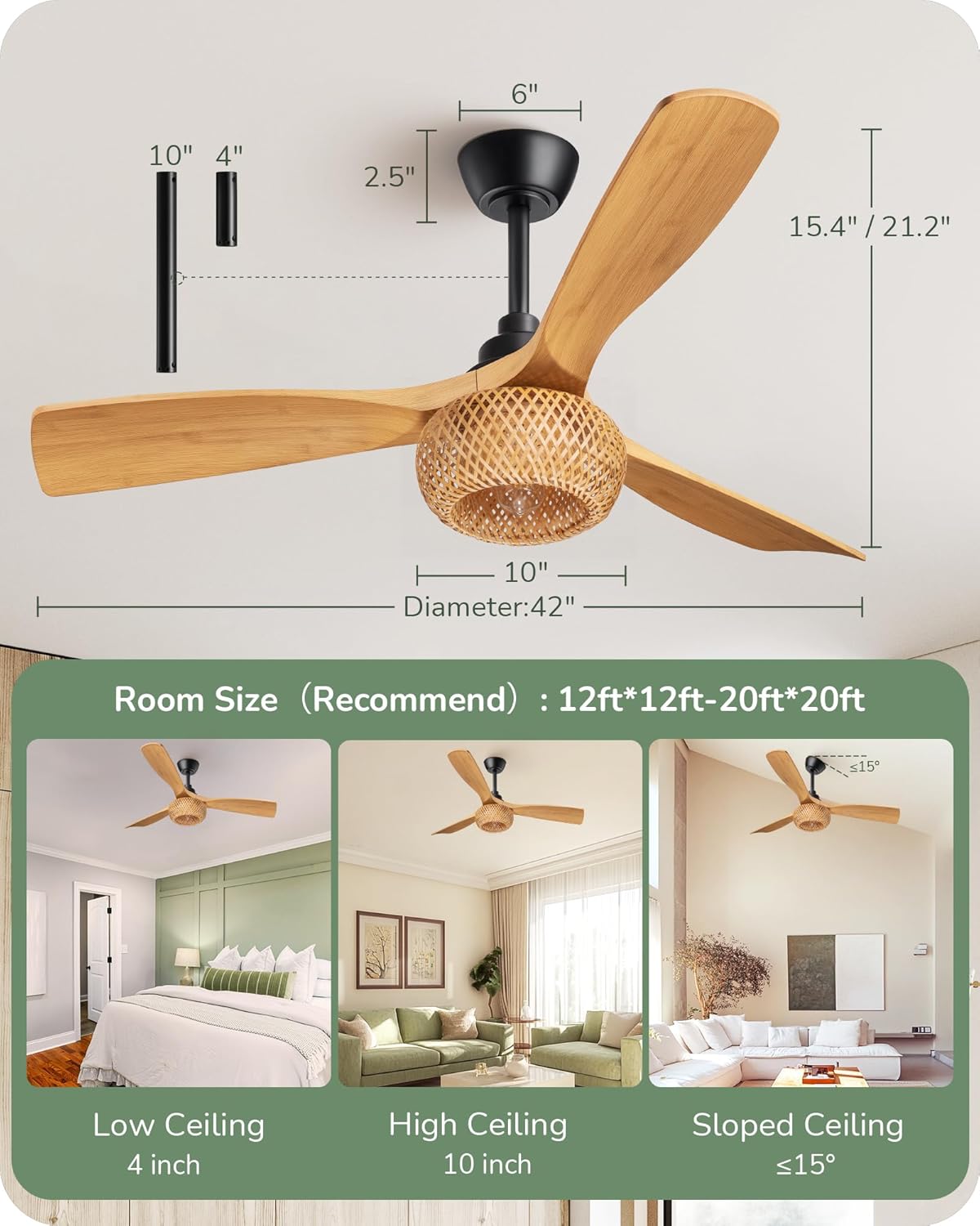 42“ Boho Chic Ceiling Fans with Lights, Bamboo Cage, 3-ABS Blades