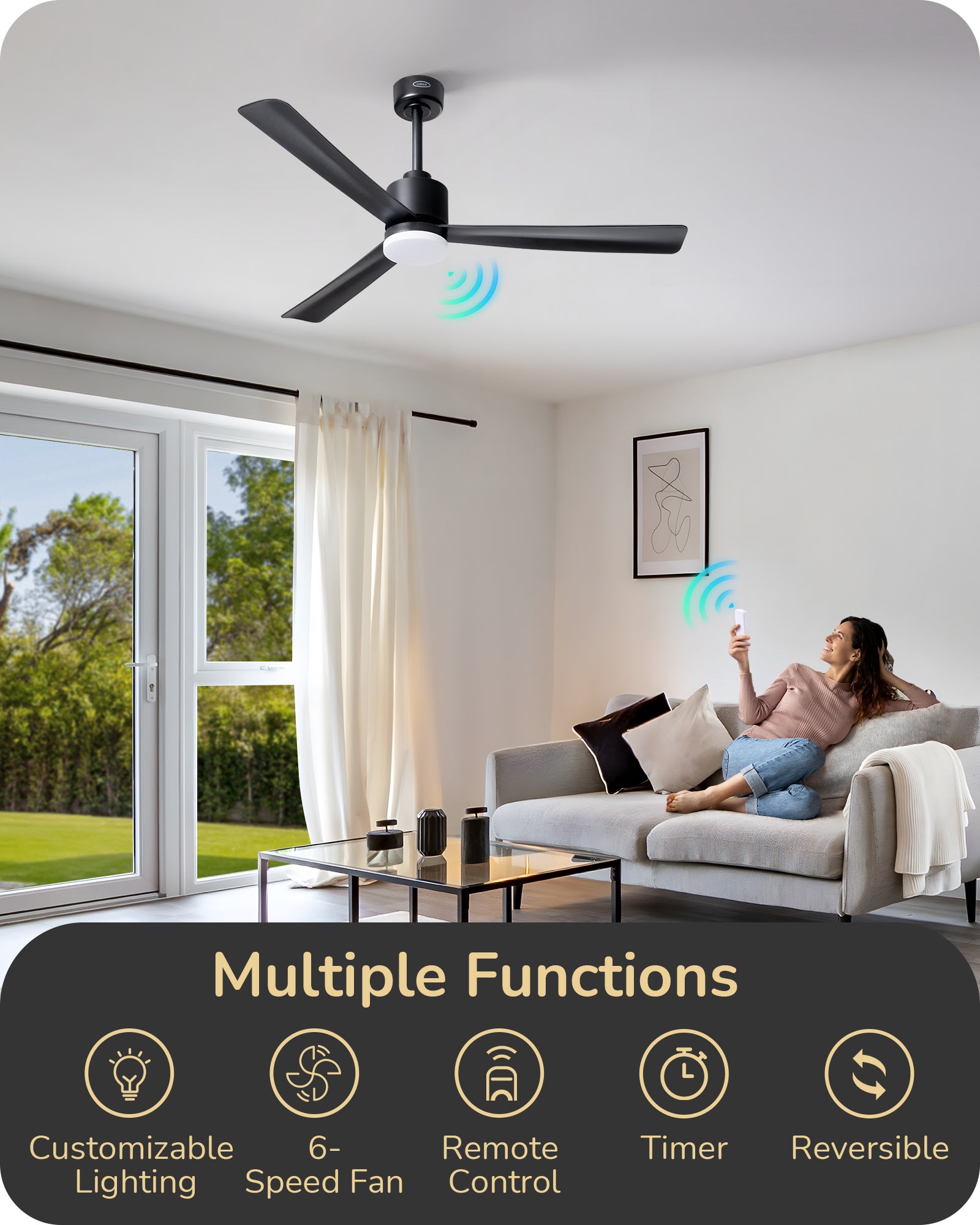 EDISHINE 52" Modern Black Ceiling Fans with Lights-HCFM03A