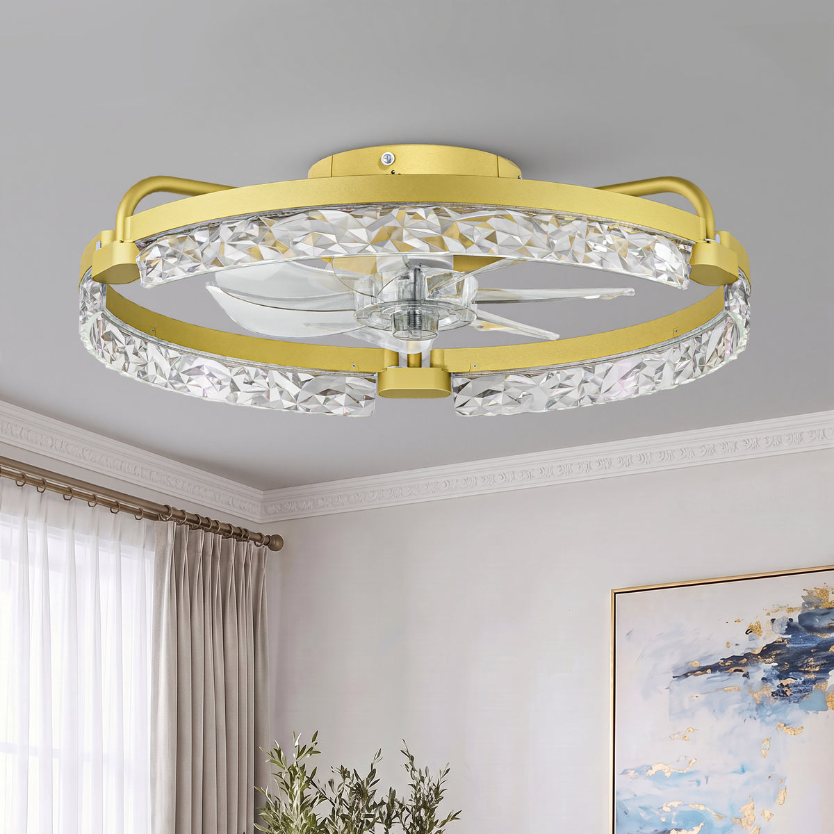 EDISHINE Ceiling Fans with Lights, 20'' Low Profile Flush Mount Fandelier, 3000-6000K Dimmable, 6 Speeds, App & Remote Control, DC Motor, LED Modern Bladeless Fan Light for Bedroom, Gold