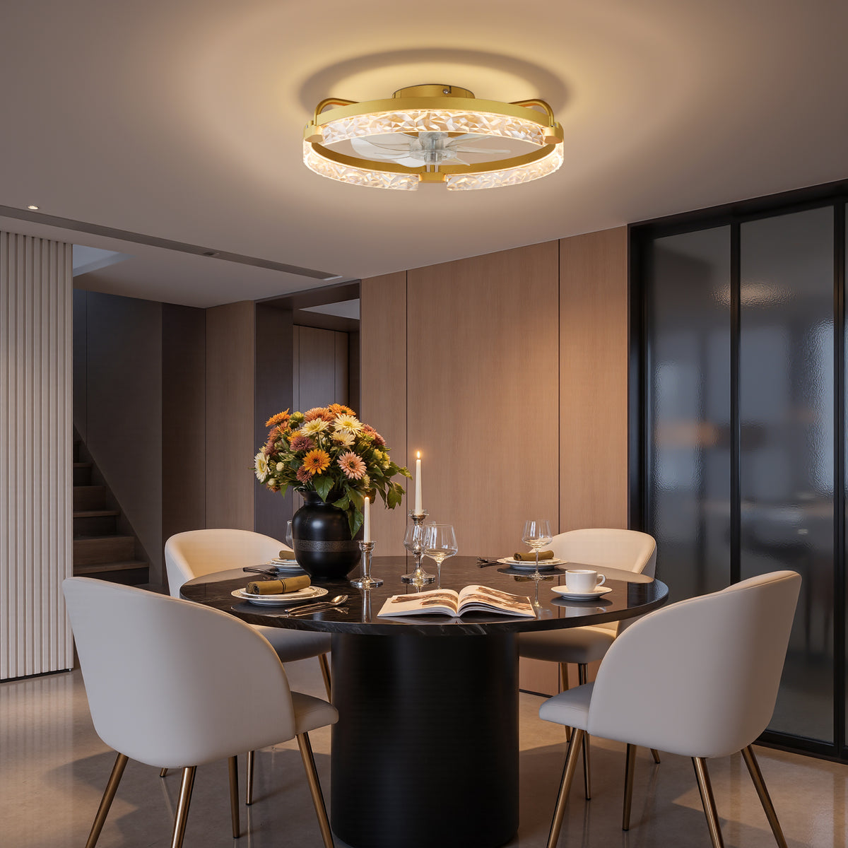 EDISHINE Ceiling Fans with Lights, 20'' Low Profile Flush Mount Fandelier, 3000-6000K Dimmable, 6 Speeds, App & Remote Control, DC Motor, LED Modern Bladeless Fan Light for Bedroom, Gold