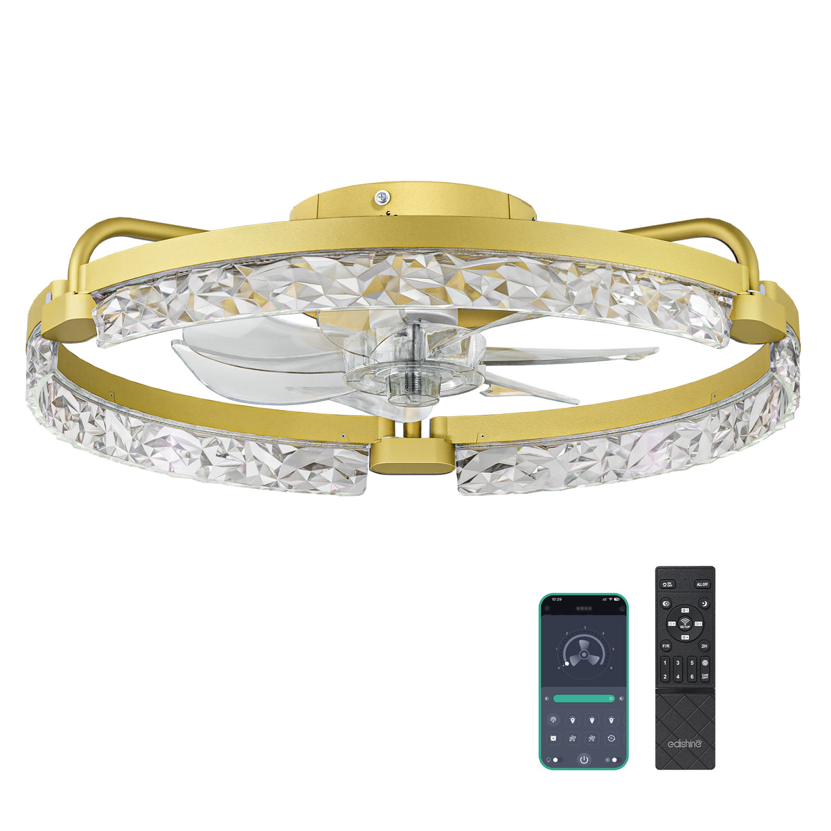 EDISHINE Ceiling Fans with Lights, 20'' Low Profile Flush Mount Fandelier, 3000-6000K Dimmable, 6 Speeds, App & Remote Control, DC Motor, LED Modern Bladeless Fan Light for Bedroom, Gold