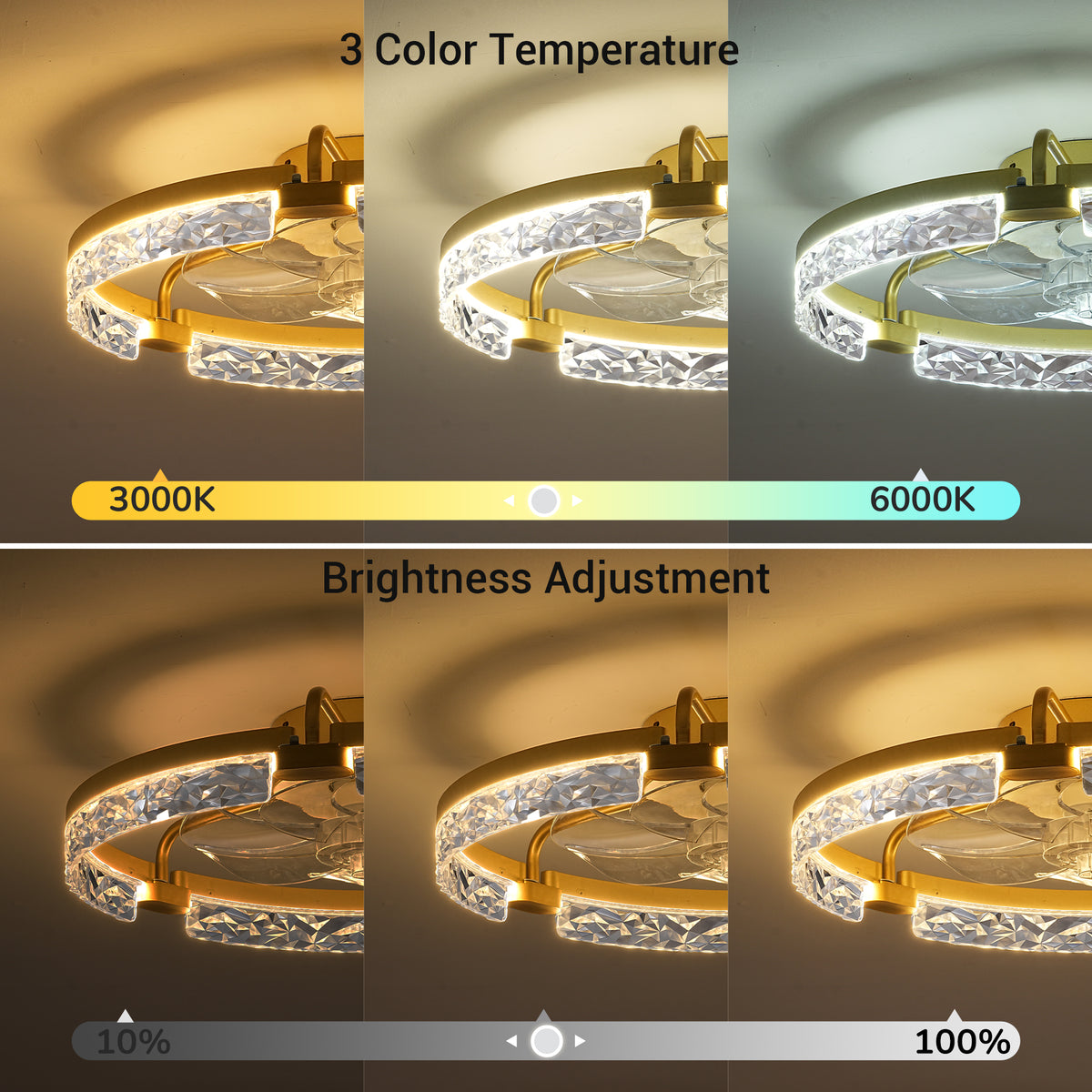 EDISHINE Ceiling Fans with Lights, 20'' Low Profile Flush Mount Fandelier, 3000-6000K Dimmable, 6 Speeds, App & Remote Control, DC Motor, LED Modern Bladeless Fan Light for Bedroom, Gold