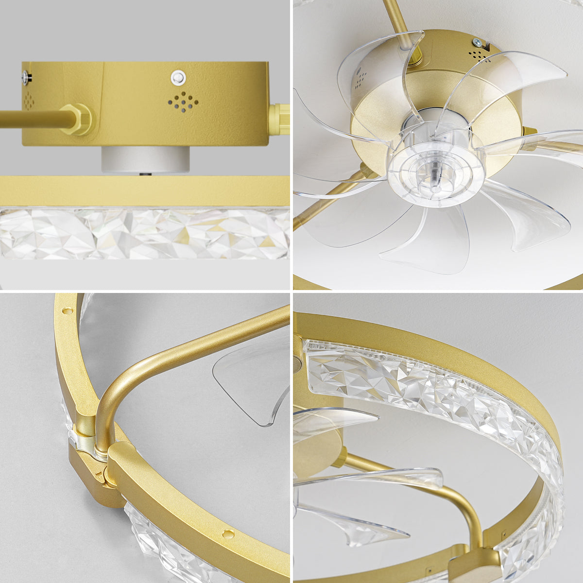 EDISHINE Ceiling Fans with Lights, 20'' Low Profile Flush Mount Fandelier, 3000-6000K Dimmable, 6 Speeds, App & Remote Control, DC Motor, LED Modern Bladeless Fan Light for Bedroom, Gold