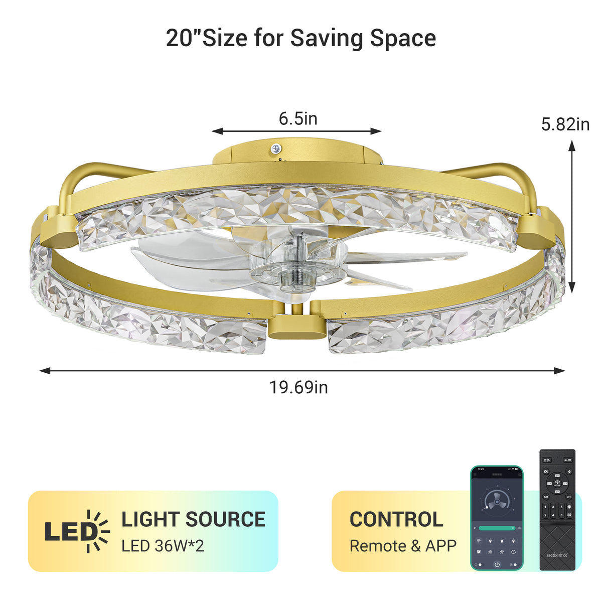 EDISHINE Ceiling Fans with Lights, 20'' Low Profile Flush Mount Fandelier, 3000-6000K Dimmable, 6 Speeds, App & Remote Control, DC Motor, LED Modern Bladeless Fan Light for Bedroom, Gold