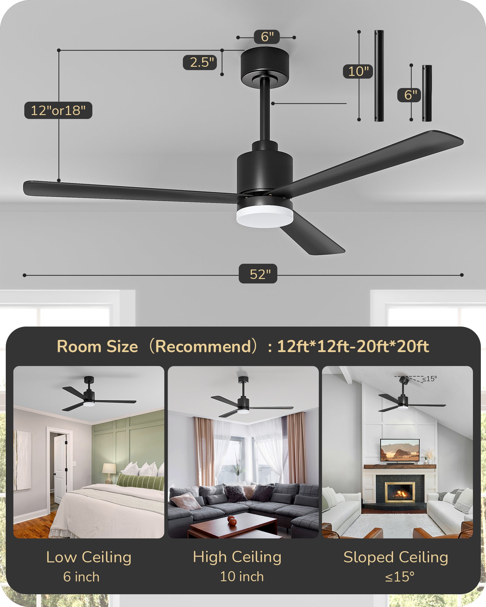 EDISHINE 52" Modern Black Ceiling Fans with Lights-HCFM03A