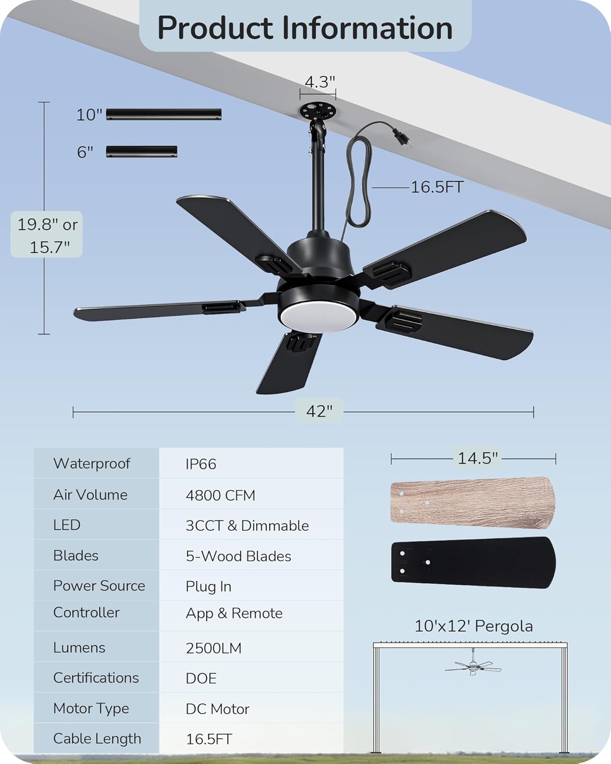42" Outdoor Ceiling Fan with Light, IP66 Waterproof Gazebo Hanging Fan, Black